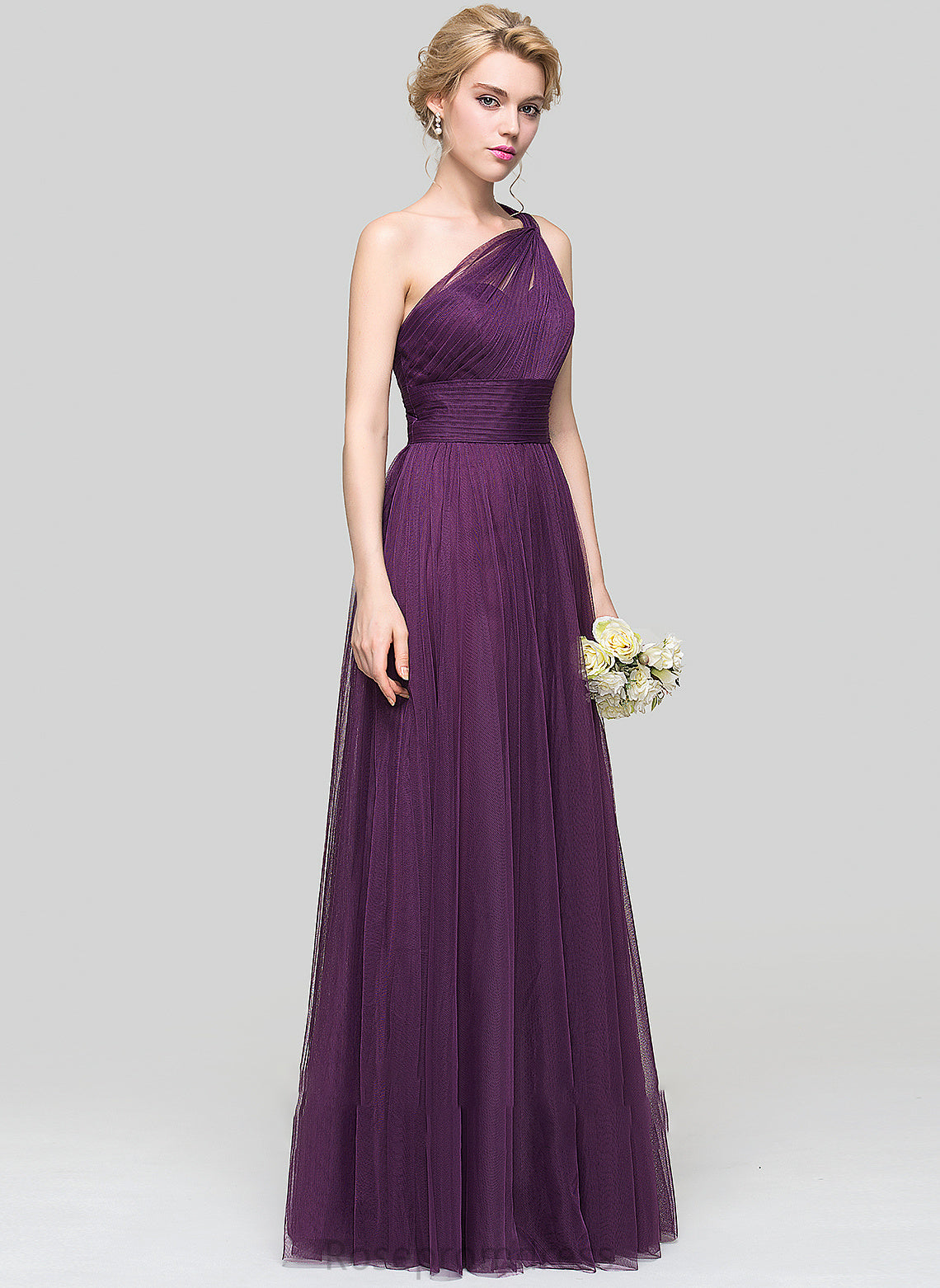 One-Shoulder Tulle A-Line Ruffle Kinsley With Floor-Length Prom Dresses