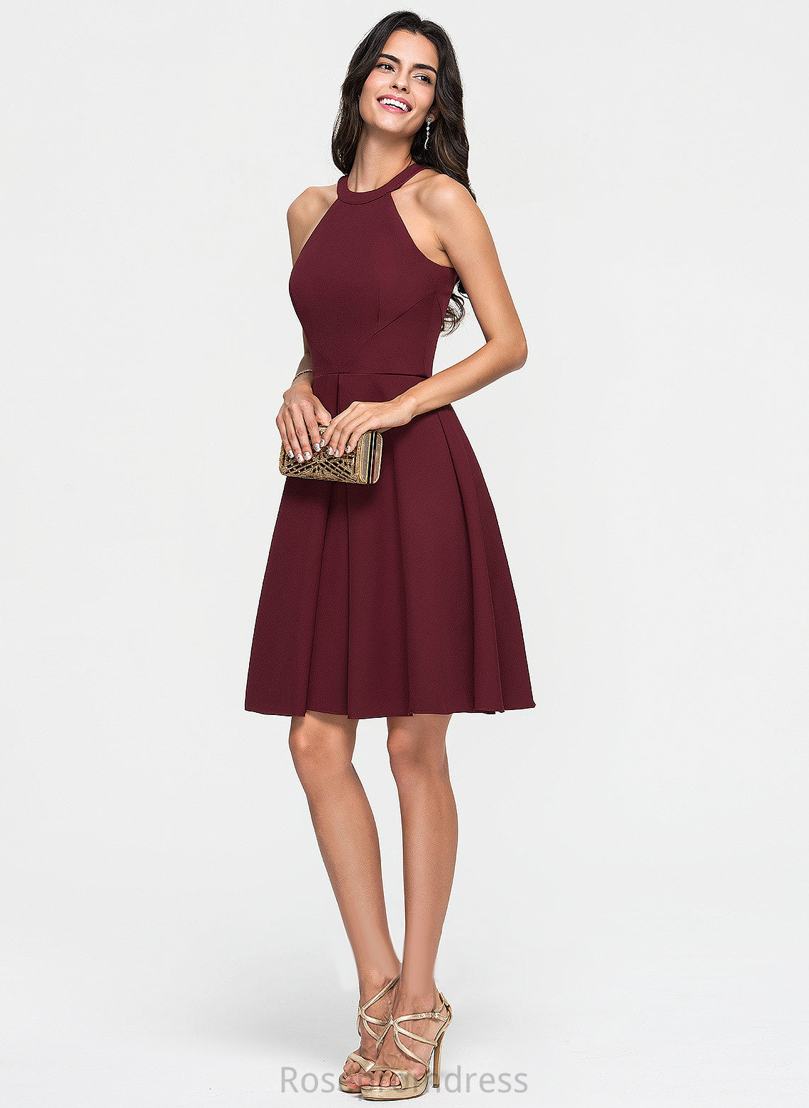 With Ruffle Neck Stretch Crepe Cocktail Scoop Laura A-Line Cocktail Dresses Knee-Length Dress