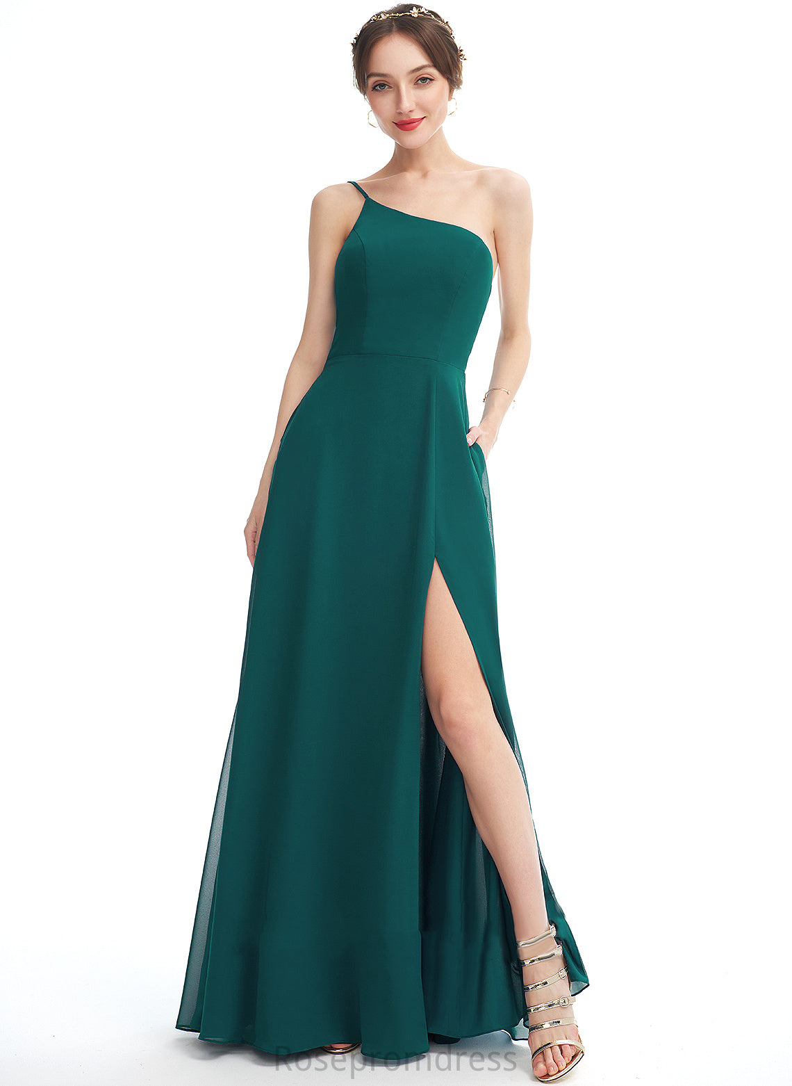 Neckline SplitFront Embellishment One-Shoulder Length A-Line Fabric Silhouette Floor-Length Pockets Amina Bridesmaid Dresses