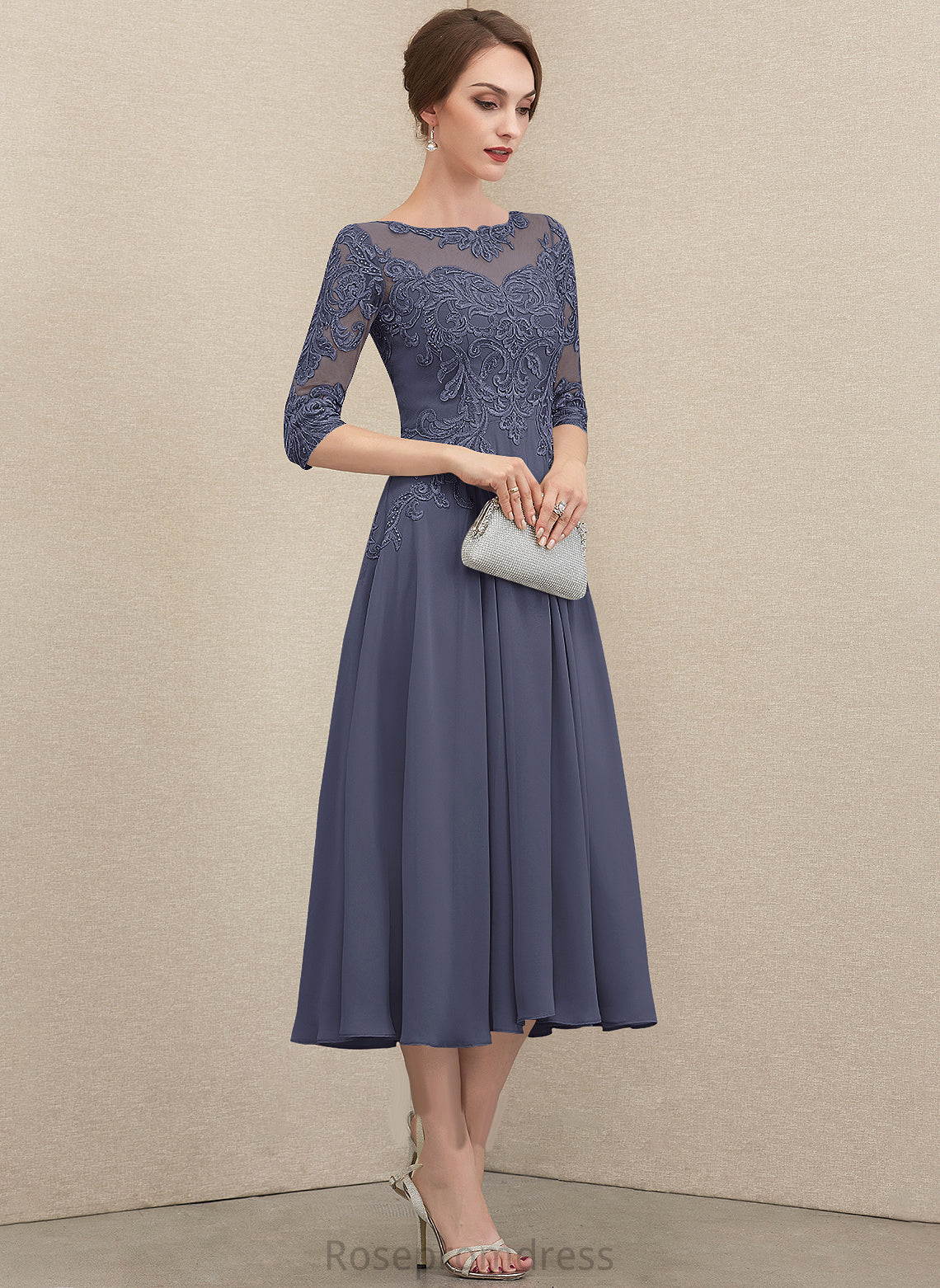 the Sequins Tea-Length Beading Mother Dress Lace Neck With A-Line of Mother of the Bride Dresses Annika Chiffon Bride Scoop