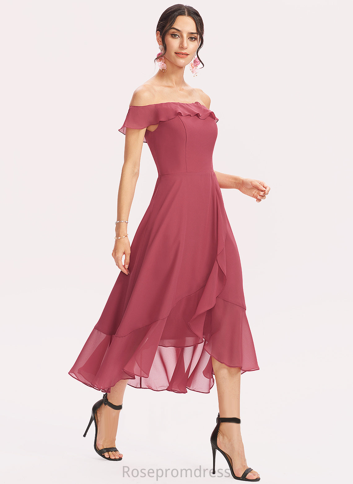 Silhouette CascadingRuffles A-Line Embellishment Tea-Length Fabric Neckline Length Off-the-Shoulder Mariana Bridesmaid Dresses