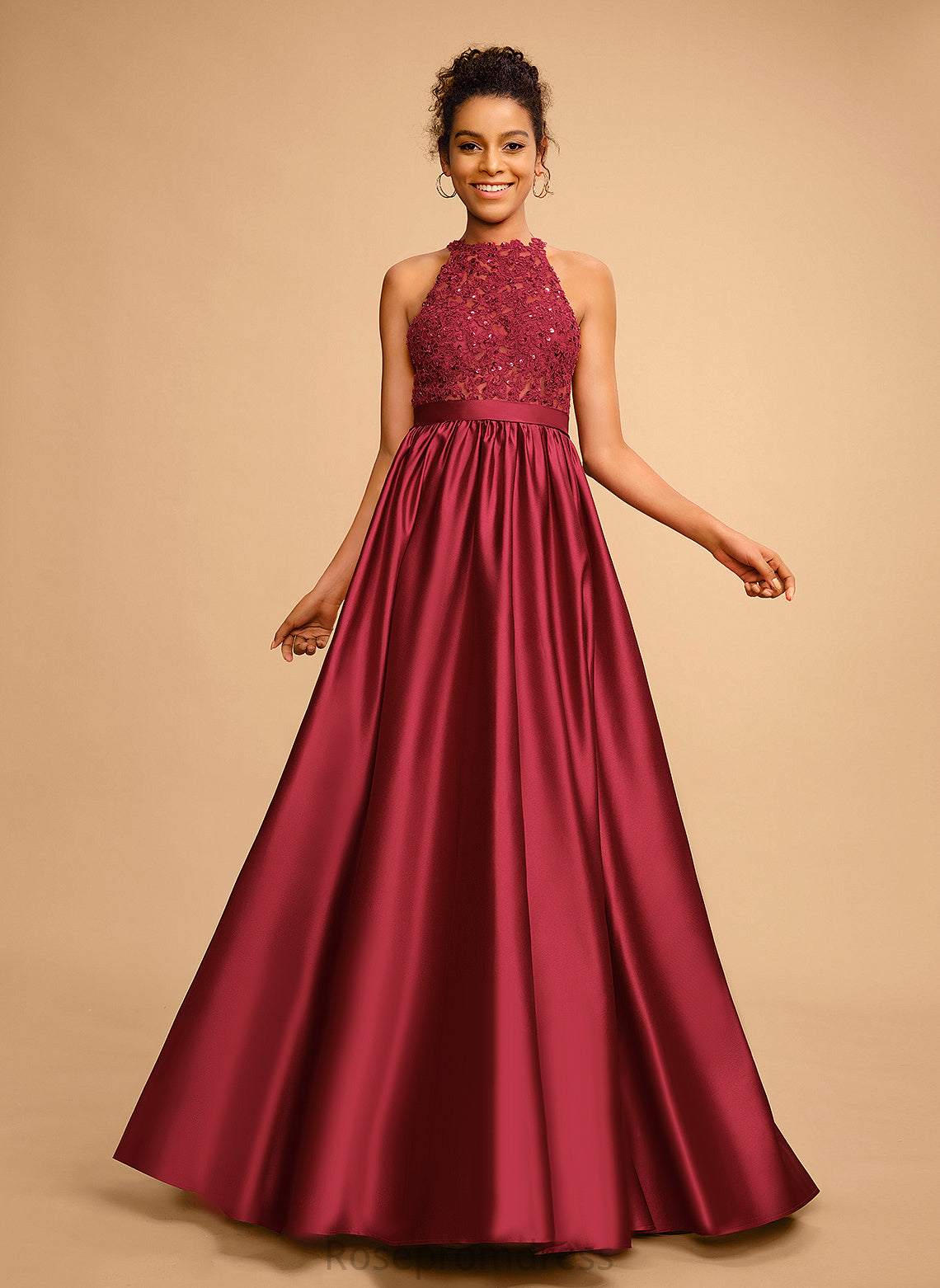 Floor-Length Halter Satin Lace Sequins Prom Dresses Ball-Gown/Princess With Nayeli