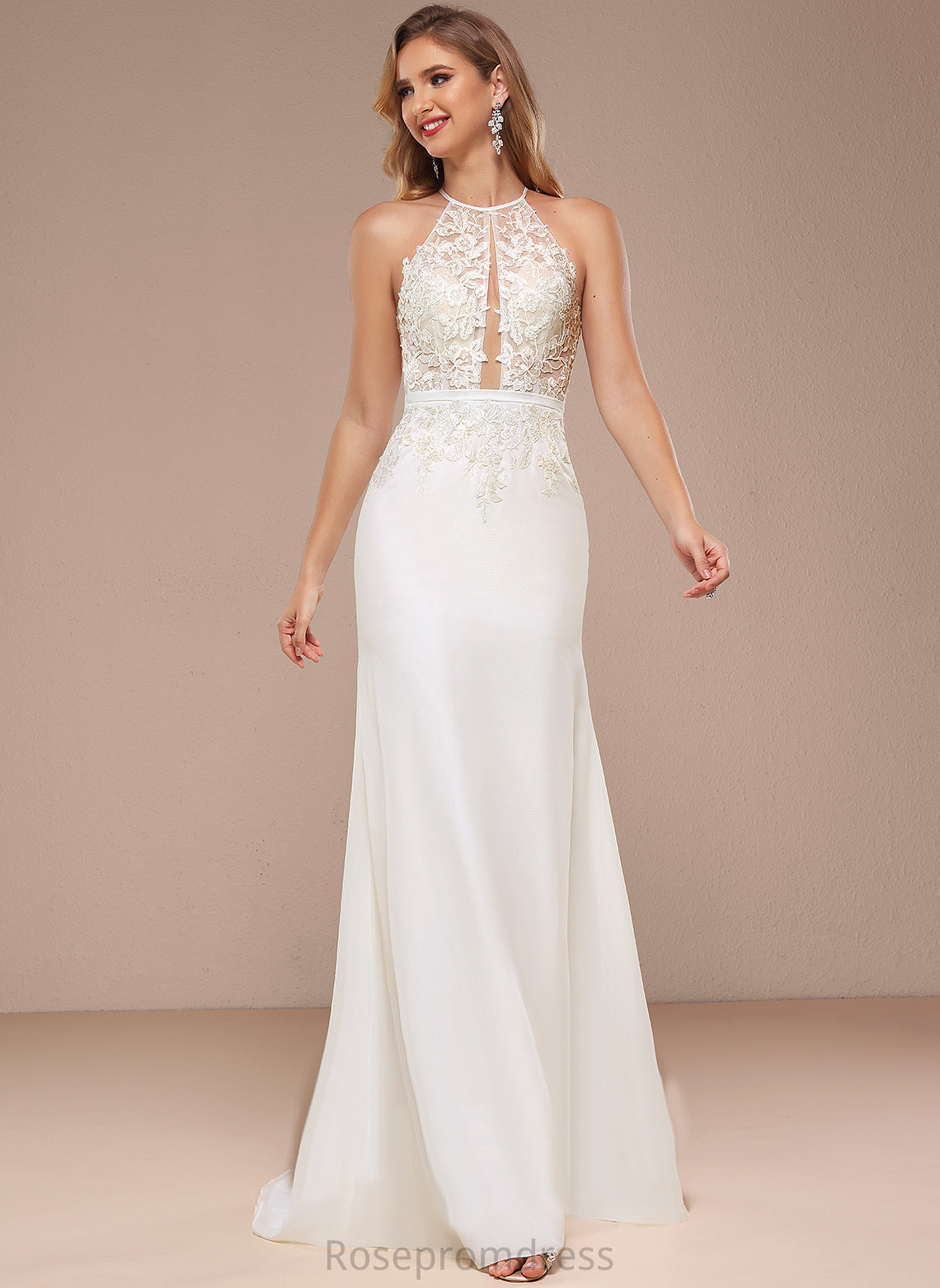 Trumpet/Mermaid Sequins Dress With Halter Wedding Dresses Wedding Train Angela Chiffon Lace Sweep