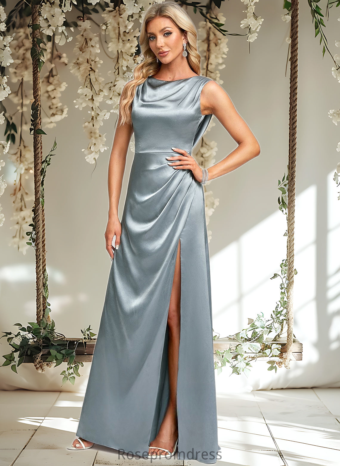 Alisa A-line Scoop Cowl Floor-Length Stretch Satin Prom Dresses DSP0025878