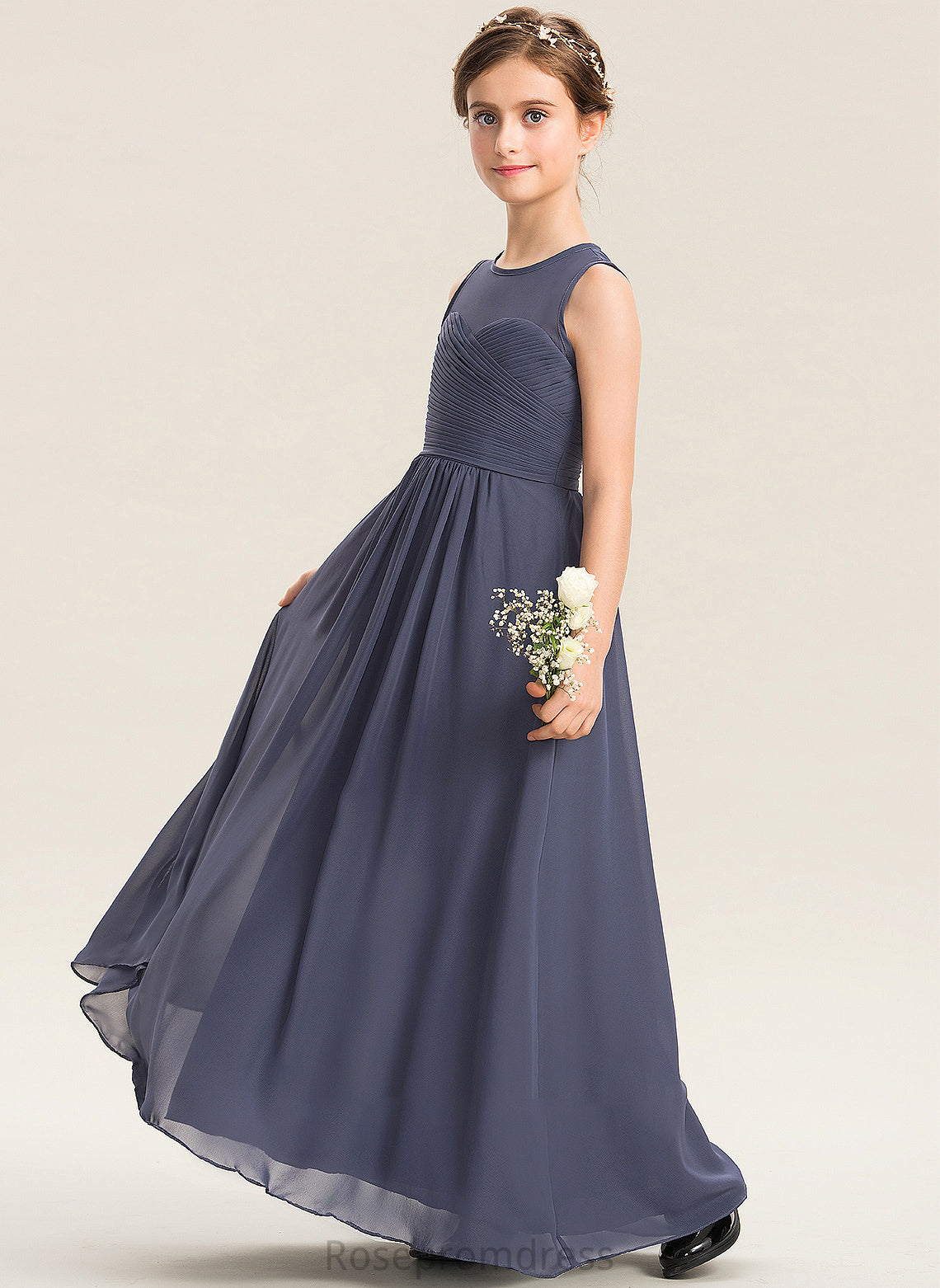 Ruffle Neck Junior Bridesmaid Dresses Floor-Length With A-Line Scarlet Scoop Chiffon