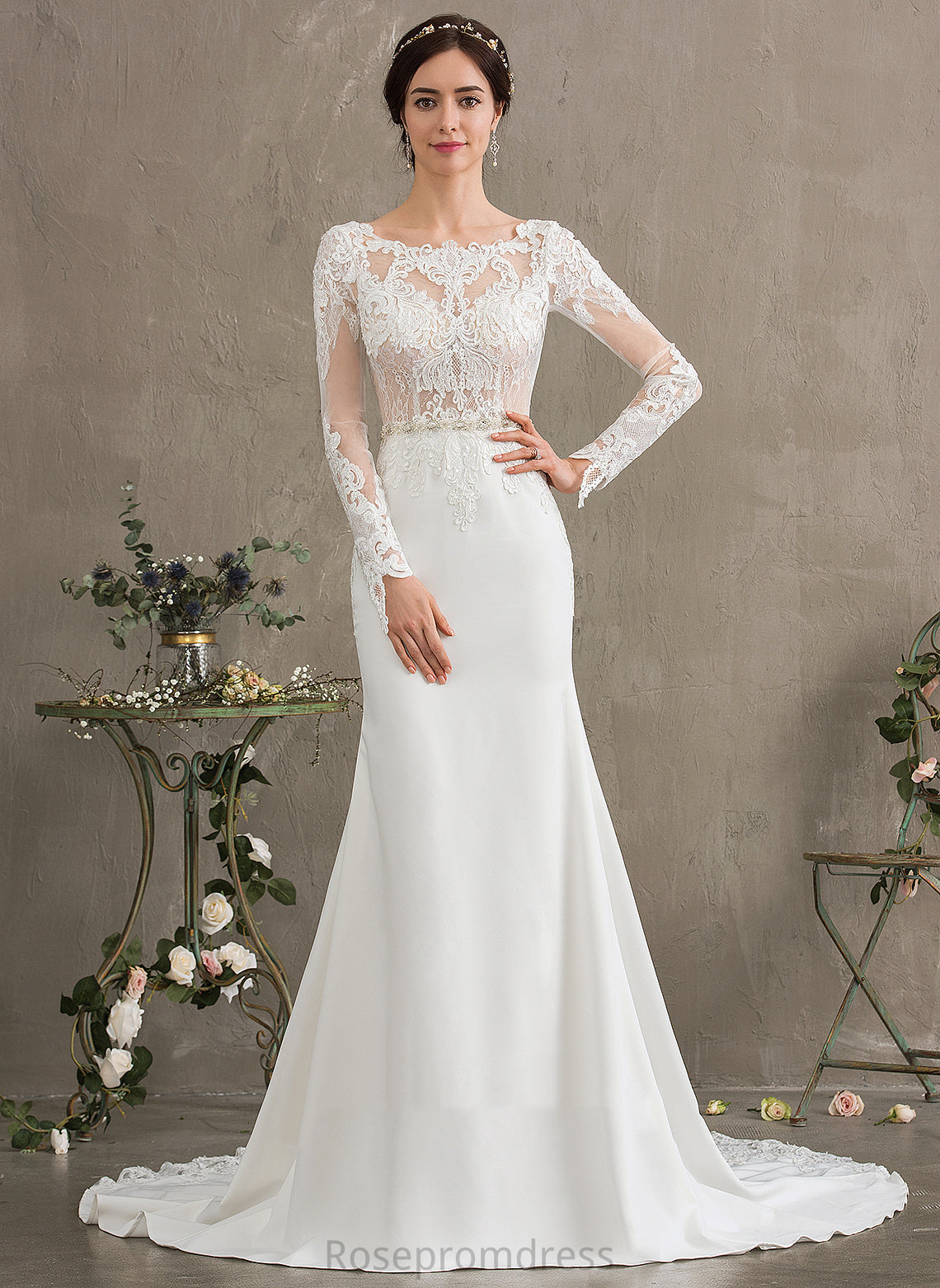 Sequins Beading Dress With Chapel Stretch Train Neck Crepe Scoop Wedding Dresses Trumpet/Mermaid Lace Wedding Shiloh