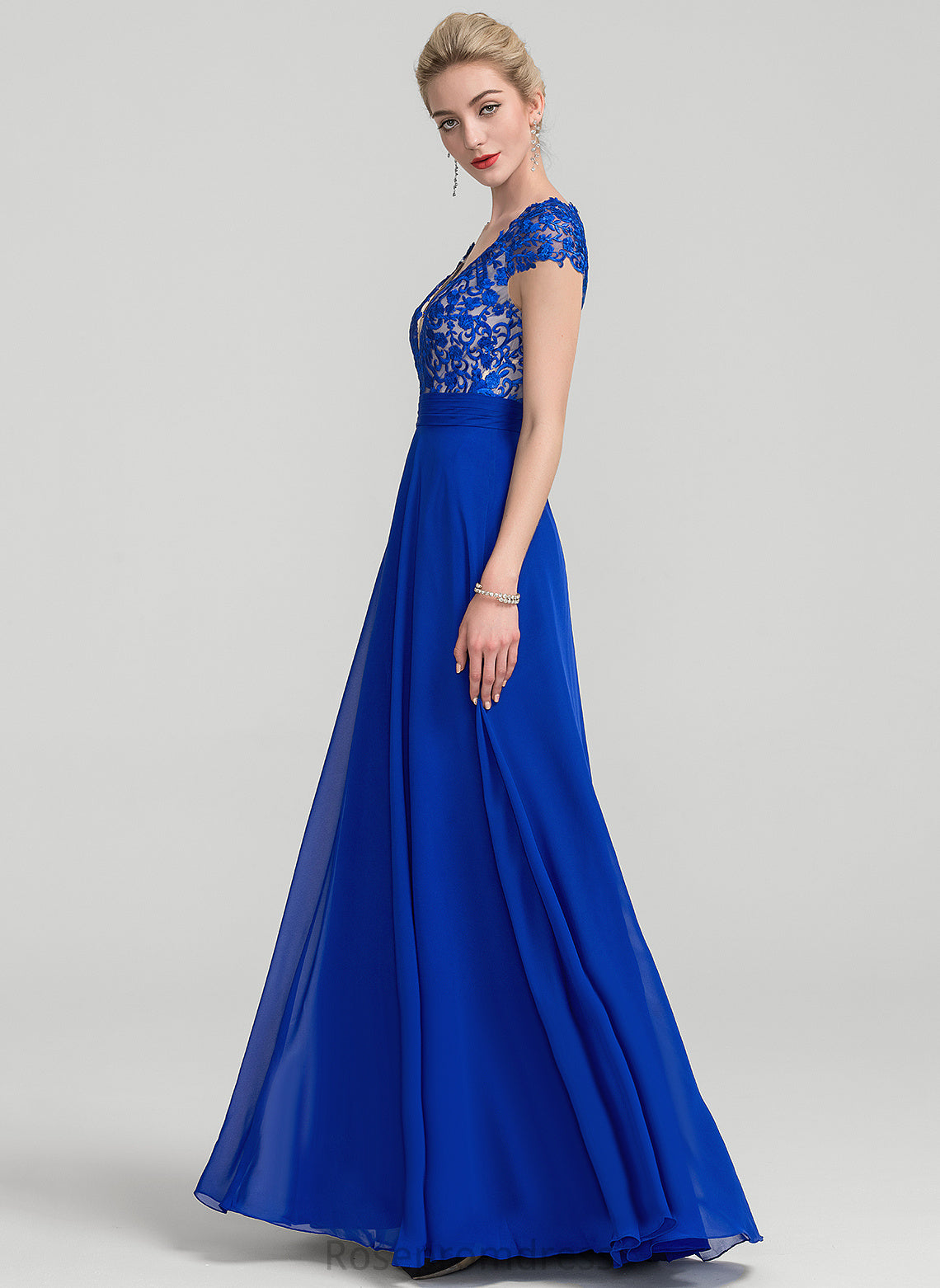 A-Line Lorna Ruffle With Floor-Length Chiffon V-neck Lace Prom Dresses