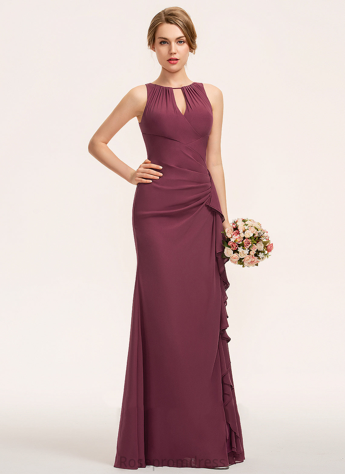 Silhouette Neckline Scoop Length Sheath/Column Fabric Floor-Length Embellishment CascadingRuffles Roselyn Floor Length Sleeveless Bridesmaid Dresses