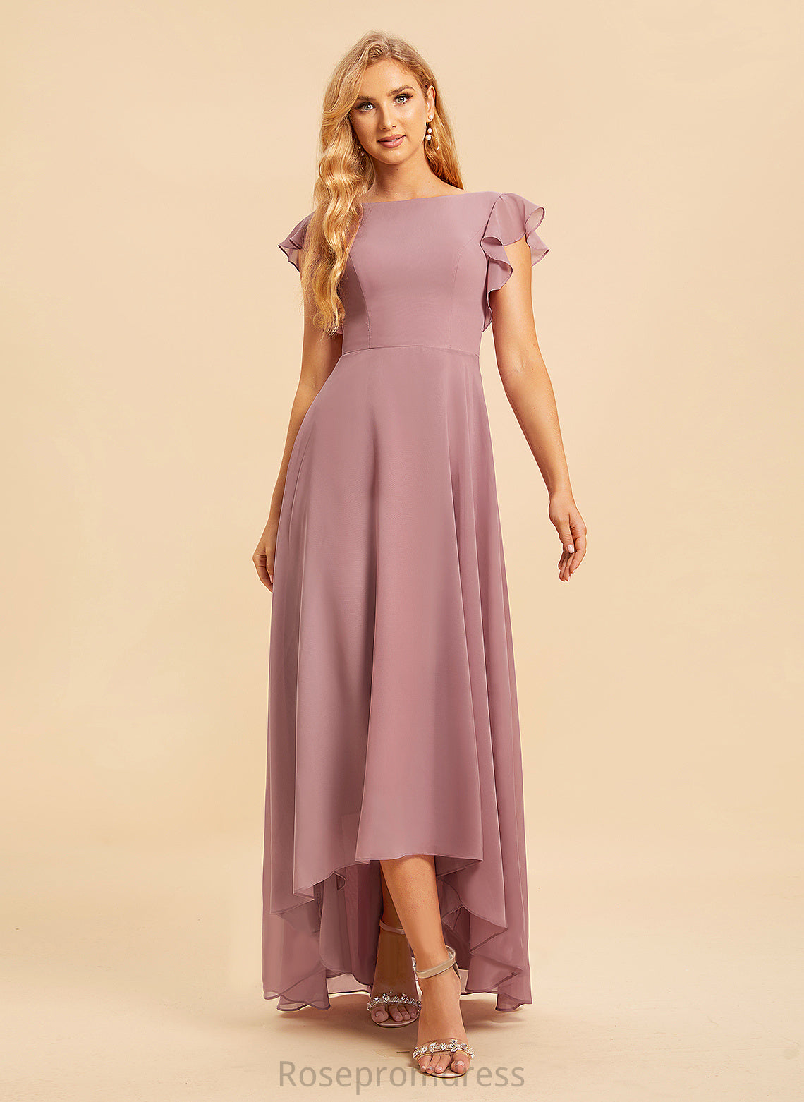 Ruffle Neckline A-Line Embellishment Silhouette Length Asymmetrical ScoopNeck Fabric Carley Bridesmaid Dresses