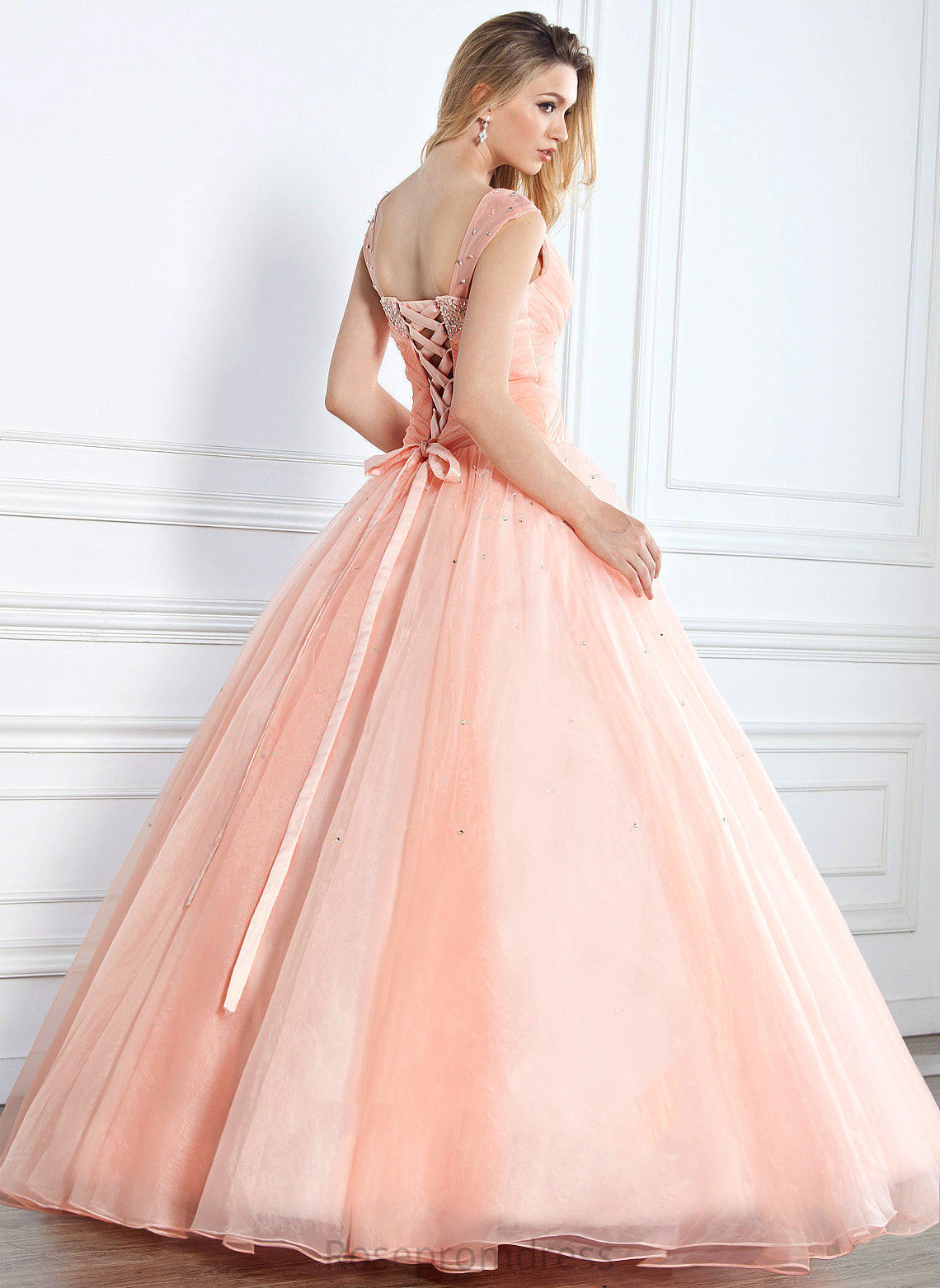 Ball-Gown/Princess Organza With Prom Dresses Gabrielle Satin Ruffle V-neck Sequins Beading Floor-Length