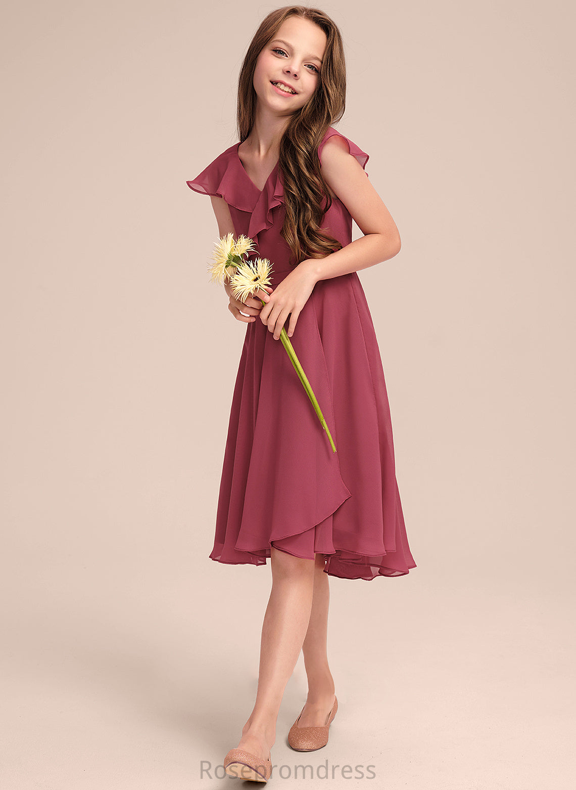 Chiffon Junior Bridesmaid Dresses Ruffles V-neck A-Line Cascading With Asymmetrical Jessica