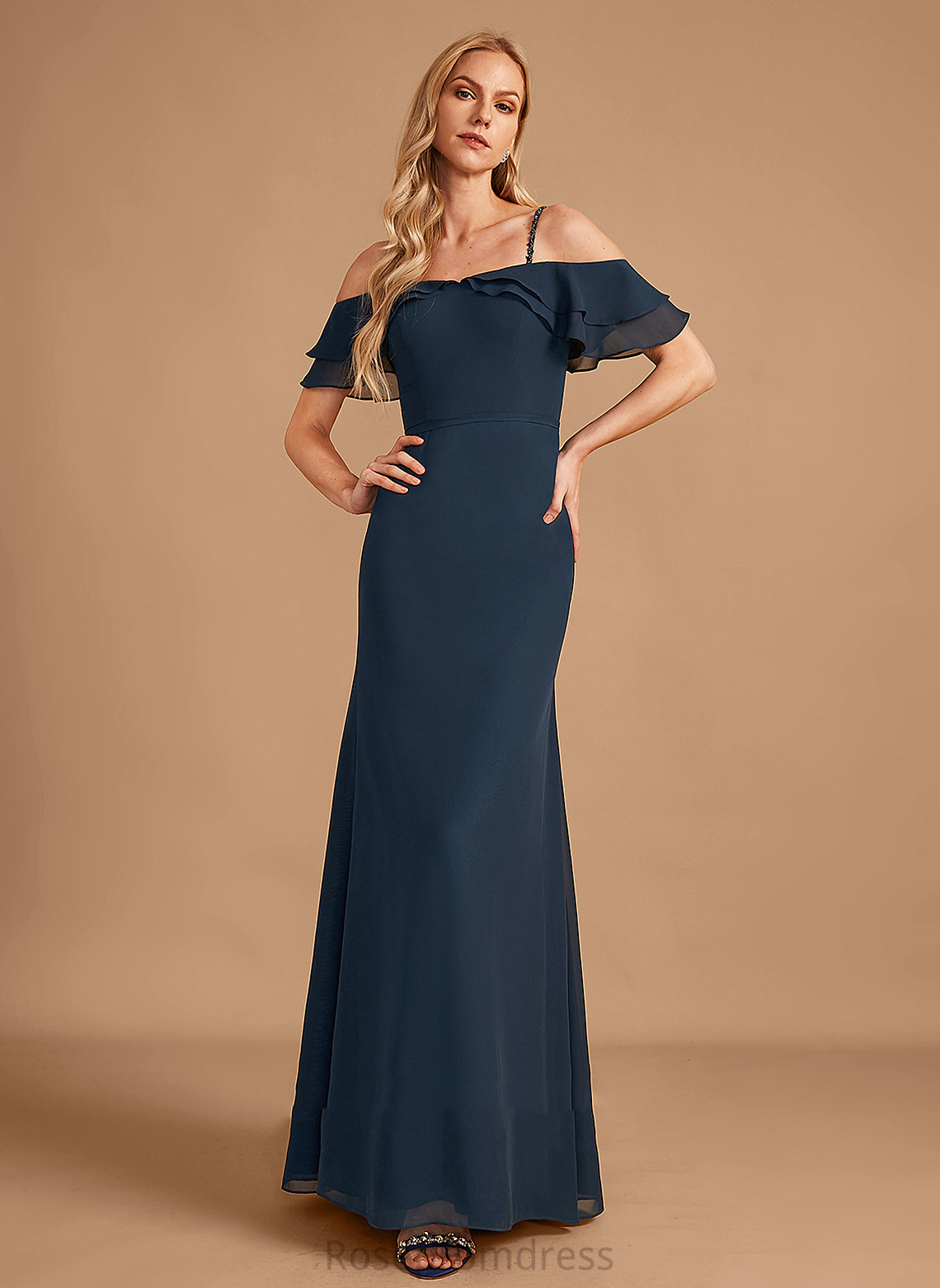 Sheath/Column Beading Off-the-Shoulder Fabric Neckline Ruffle Floor-Length Length Silhouette Embellishment Sasha A-Line/Princess Bridesmaid Dresses