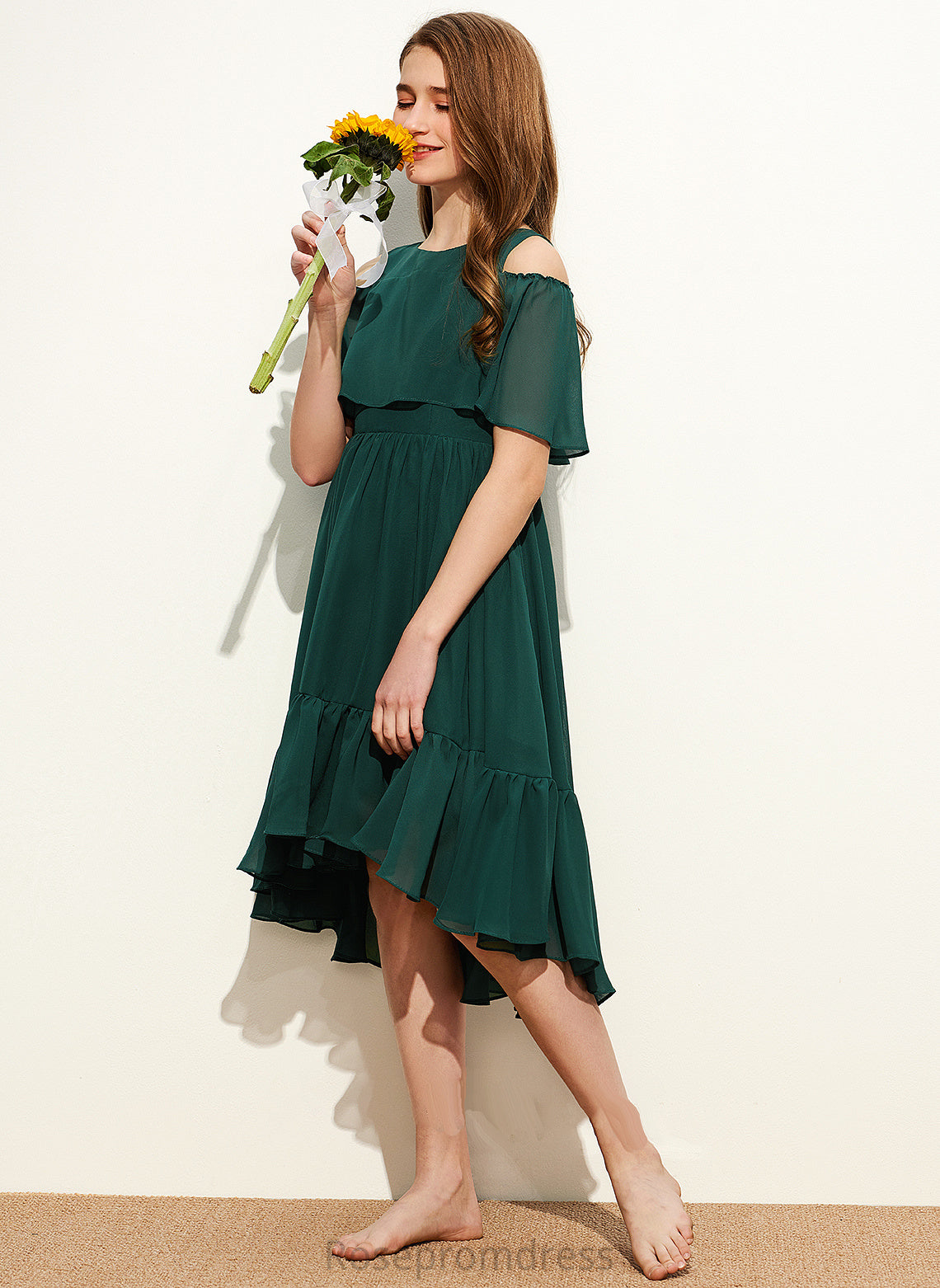 Asymmetrical Junior Bridesmaid Dresses With Cascading Scoop A-Line Lyric Ruffles Chiffon Neck