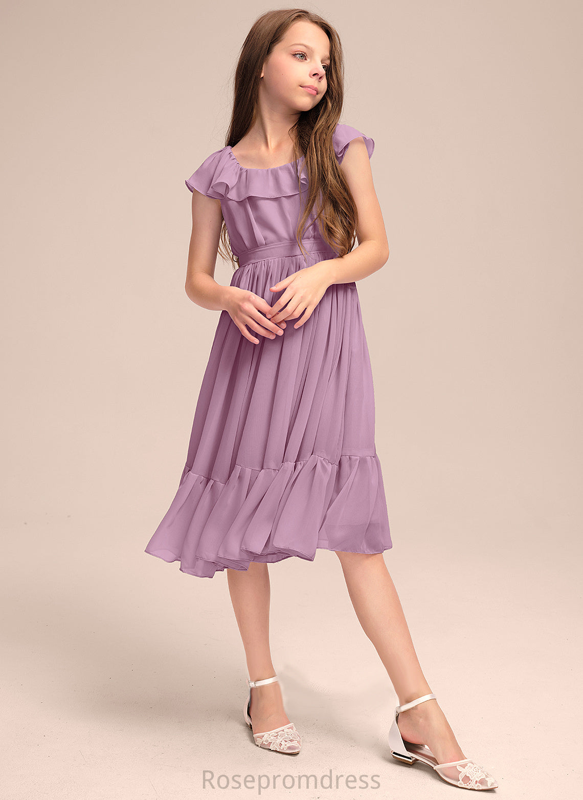 Junior Bridesmaid Dresses Scoop Cascading Bow(s) Knee-Length Chiffon Ruffles With A-Line Neck Eleanor