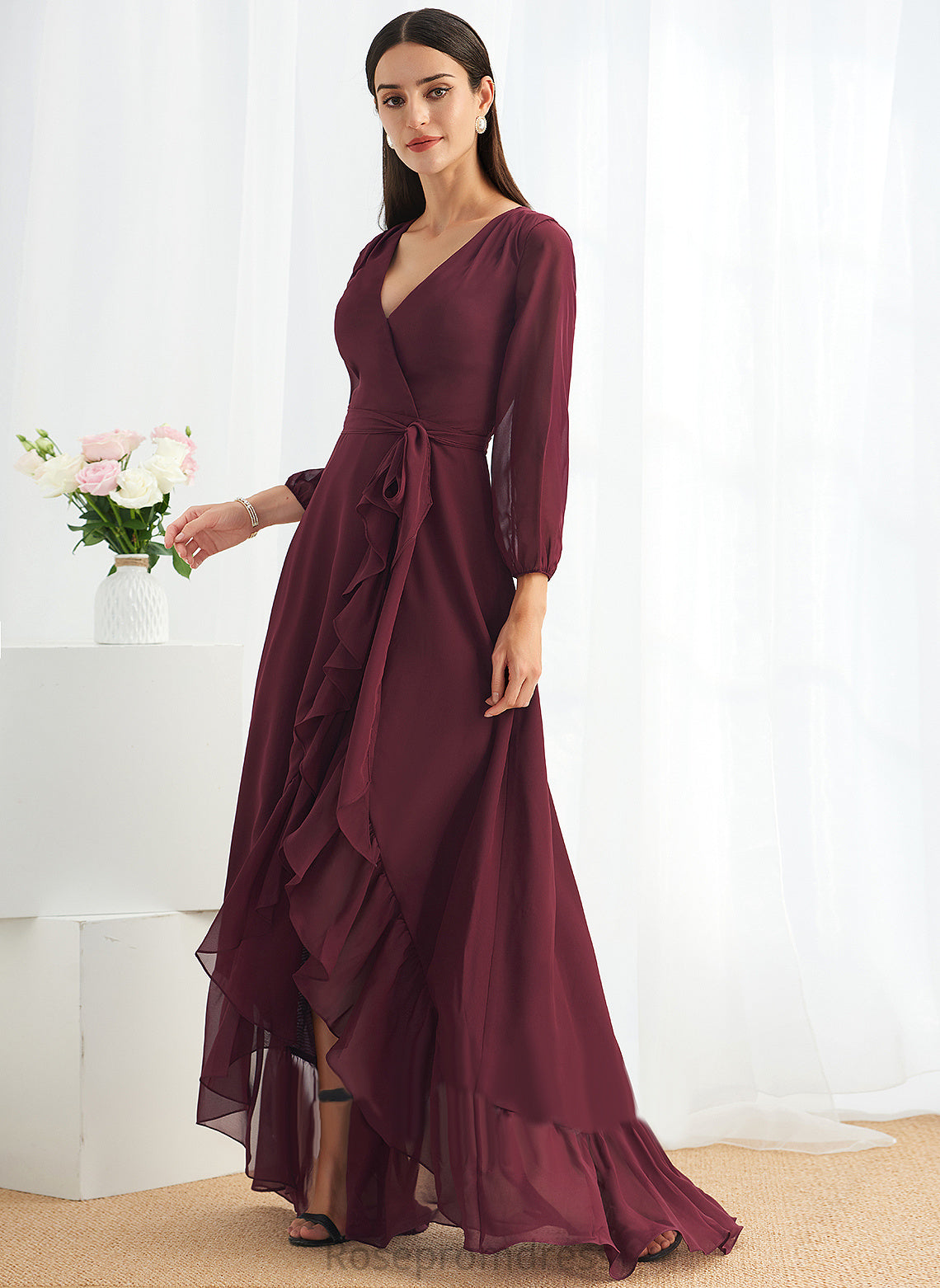 Length Embellishment A-Line Neckline Fabric Asymmetrical Ruffle V-neck Silhouette SplitFront Polly Bridesmaid Dresses