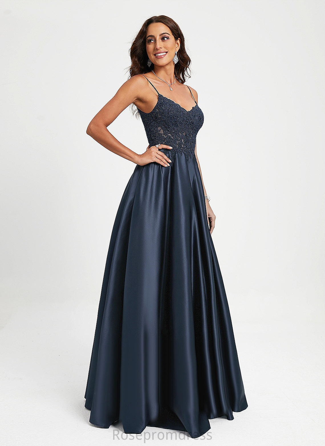 A-Line Yoselin Prom Dresses Floor-Length With Satin Lace V-neck Sequins