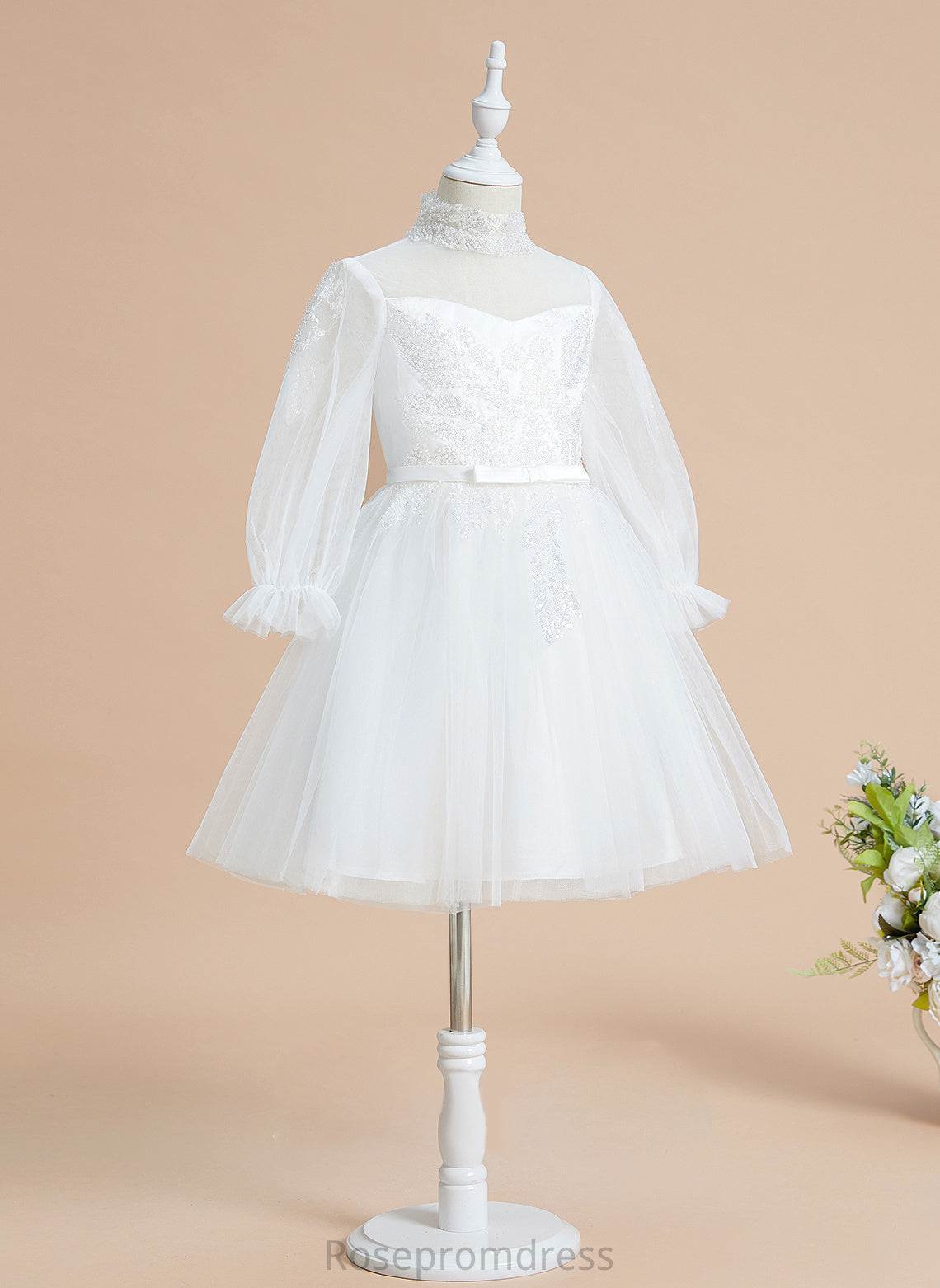 High Flower Girl Dresses Sequins - Neck Tulle Laurel Sleeves Dress Long Girl With Knee-length Flower A-Line