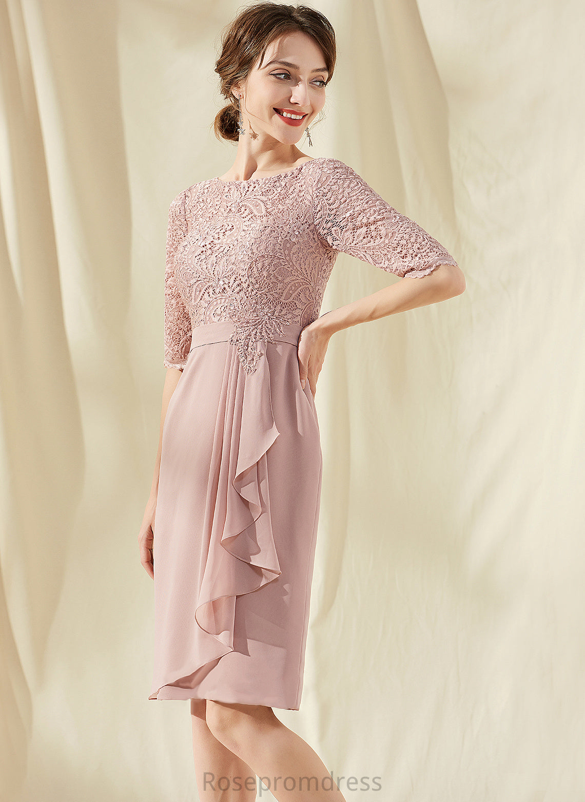 Knee-Length Ruffles Cascading With Neck Chiffon Cocktail Dresses Sheath/Column Scoop Lace Cocktail Abigayle Dress Beading