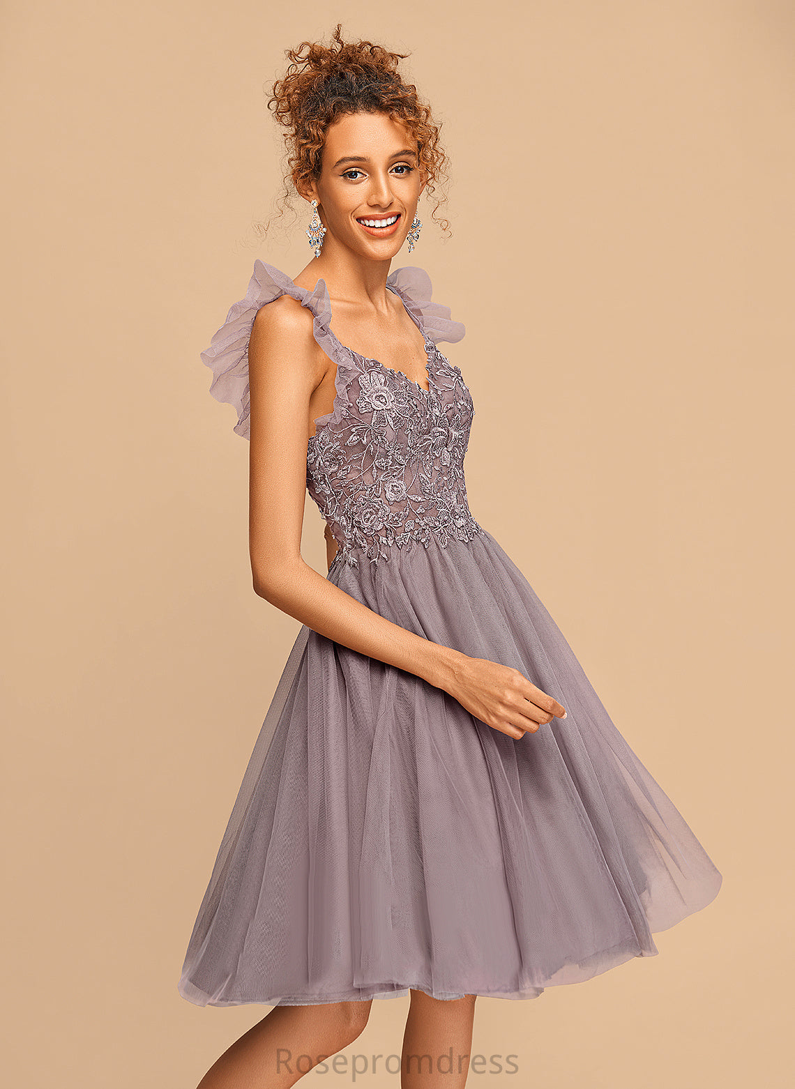 With V-neck Tulle Homecoming Dress Cascading Jada Lace Ruffles Knee-Length A-Line Homecoming Dresses