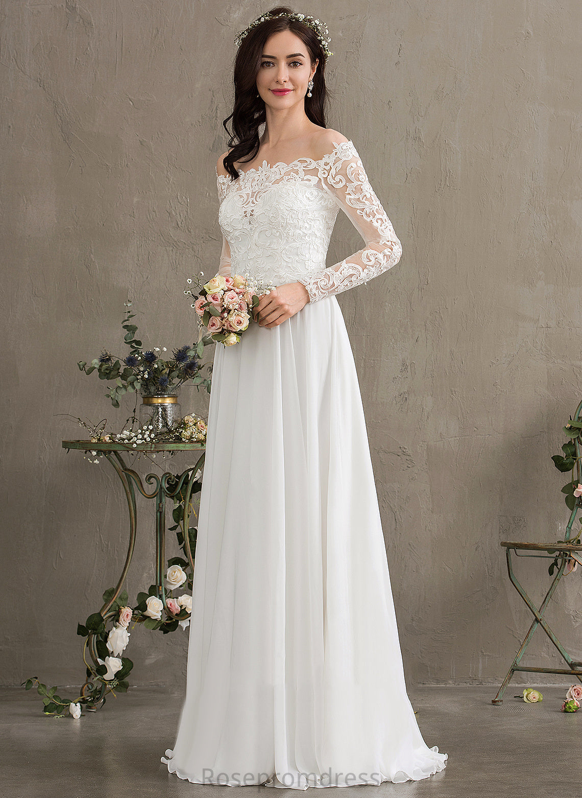 Chiffon Wedding Dresses A-Line With Lace Floor-Length Dress Off-the-Shoulder Karissa Wedding Lace