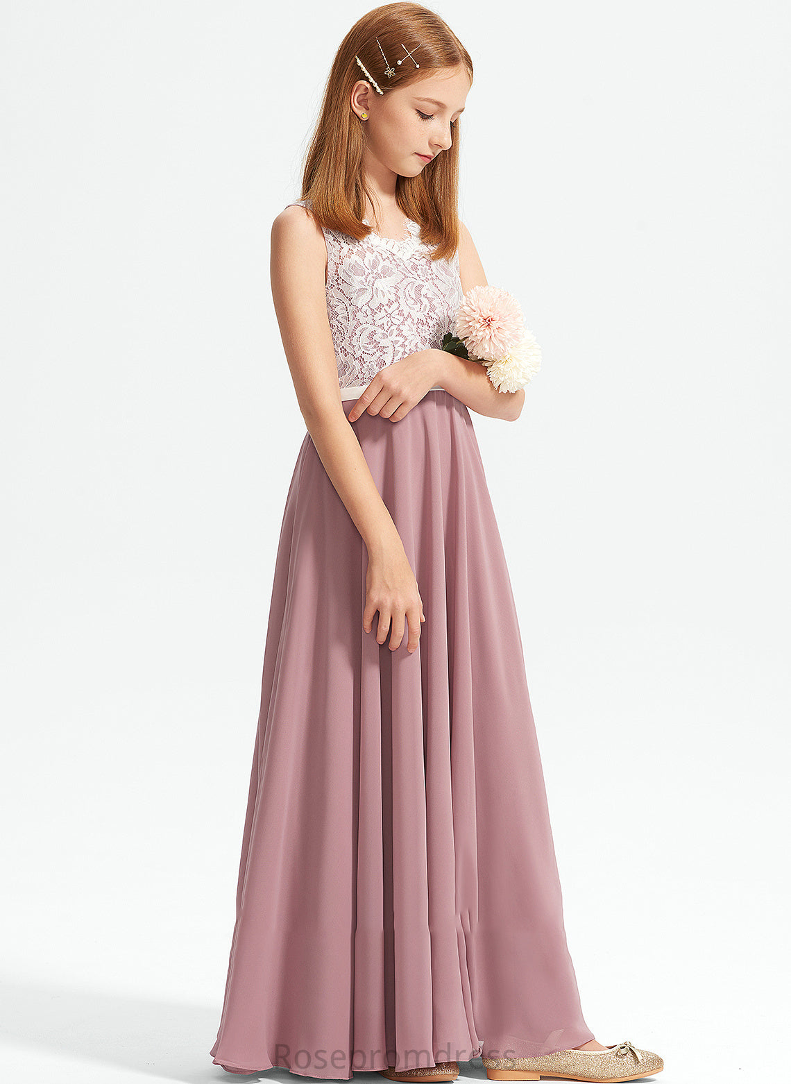 Junior Bridesmaid Dresses Thalia Floor-Length V-neck A-Line Lace Chiffon