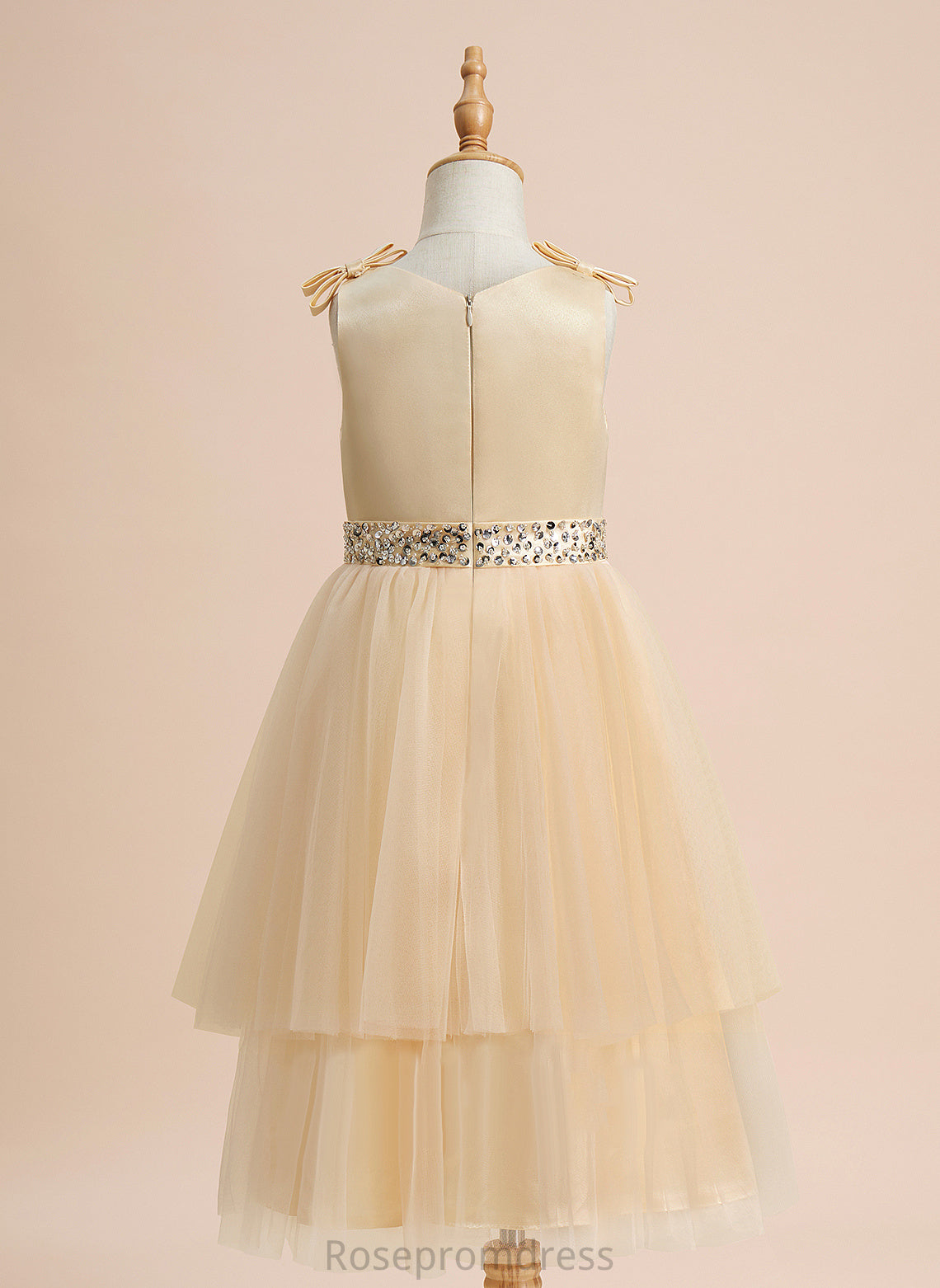 Beading/Sequins/Bow(s) Girl - Ivy Knee-length Sleeveless With Dress A-Line Satin/Tulle Flower Girl Dresses Flower Scoop Neck