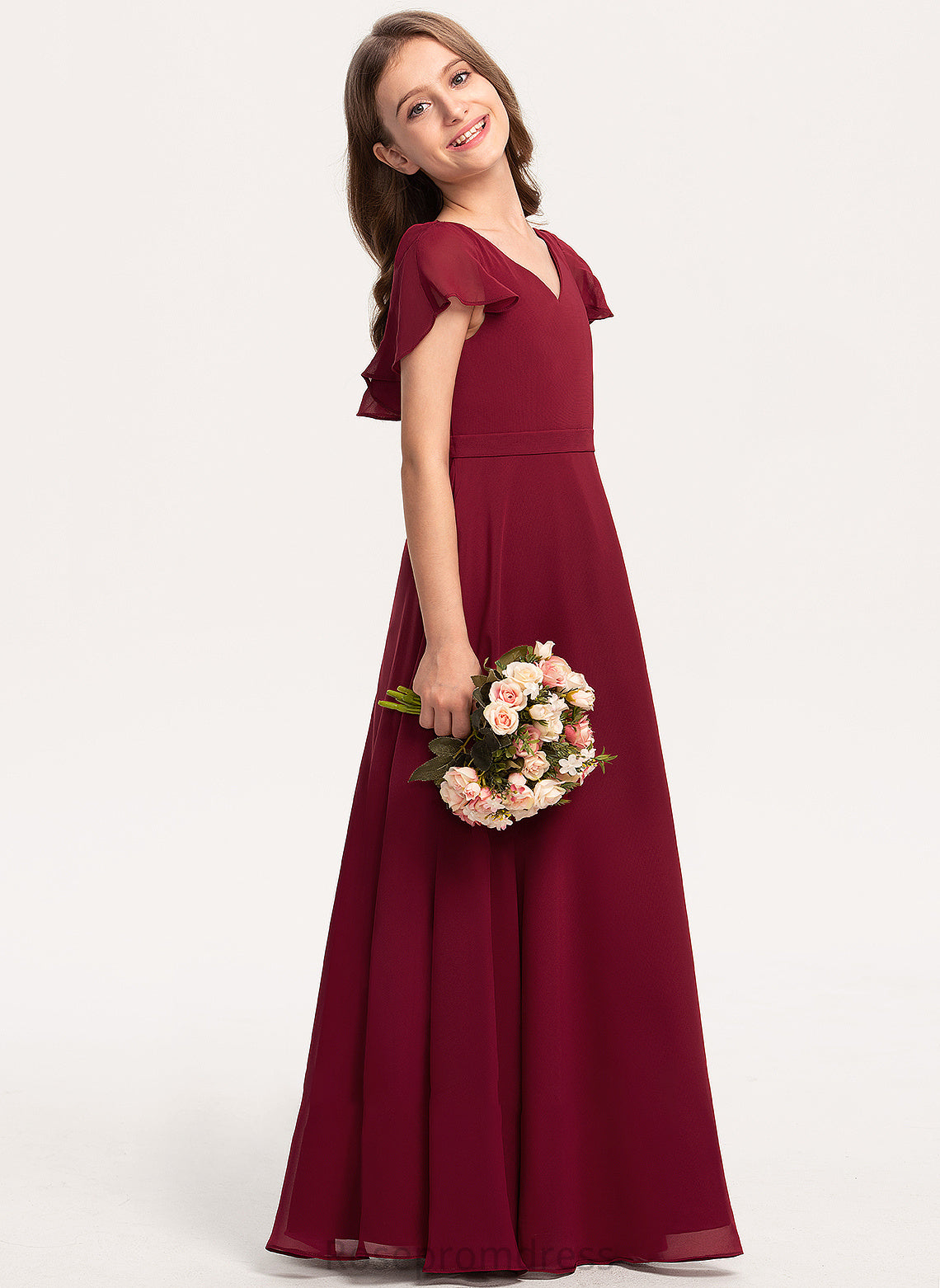 V-neck Chiffon Gabriela Cascading With Floor-Length Junior Bridesmaid Dresses A-Line Ruffles