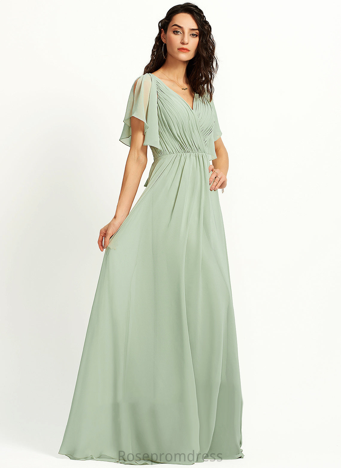 A-Line Ruffle Embellishment Silhouette Fabric Neckline Floor-Length V-neck Length Jade Bridesmaid Dresses