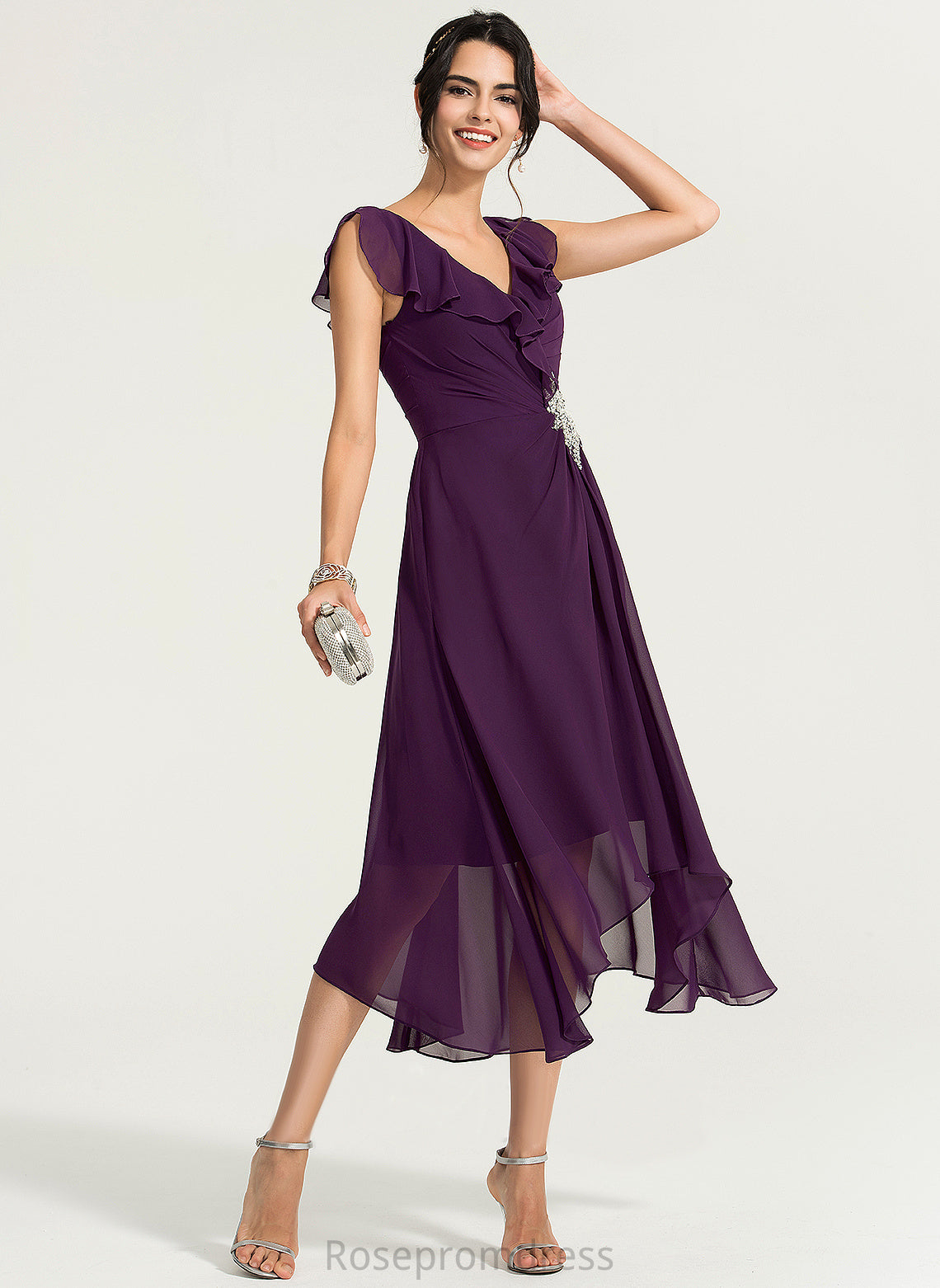 Chiffon Dress A-Line With Asymmetrical Callie V-neck Beading Cocktail Cocktail Dresses