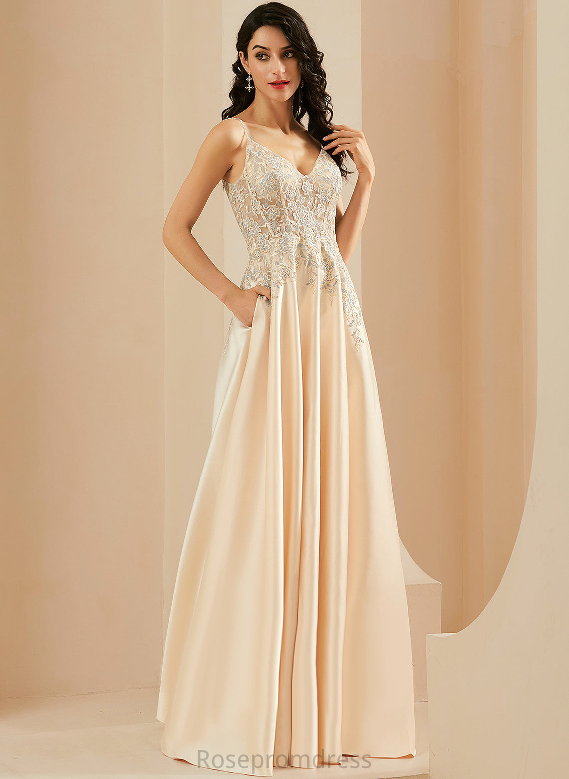 V-neck Lace A-Line Satin Caroline Prom Dresses Floor-Length