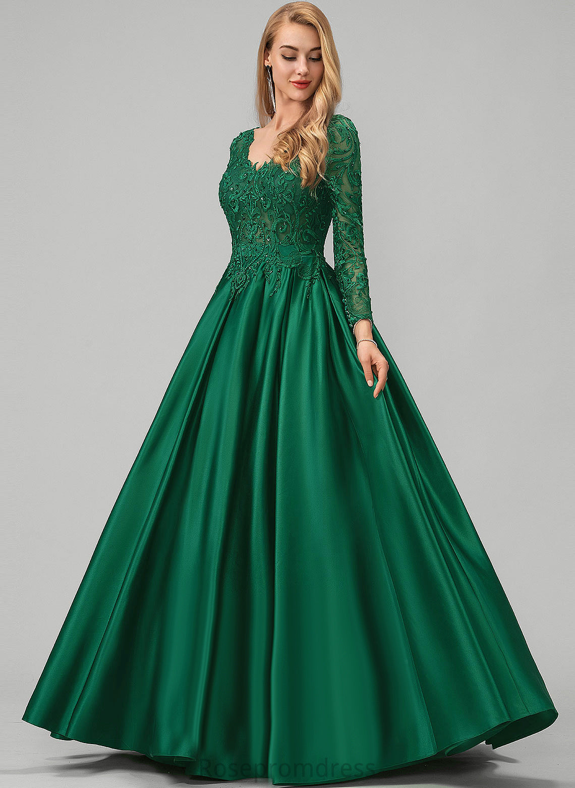 Satin Tatum With Ball-Gown/Princess V-neck Beading Sequins Prom Dresses Floor-Length