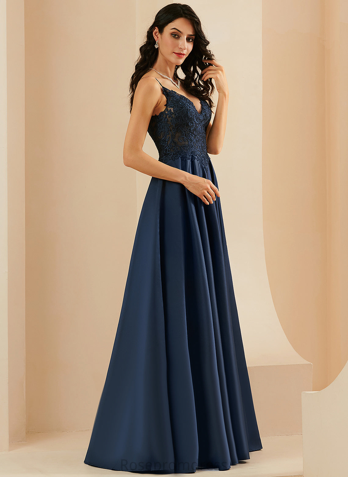 V-neck A-Line Prom Dresses Melina Lace Floor-Length