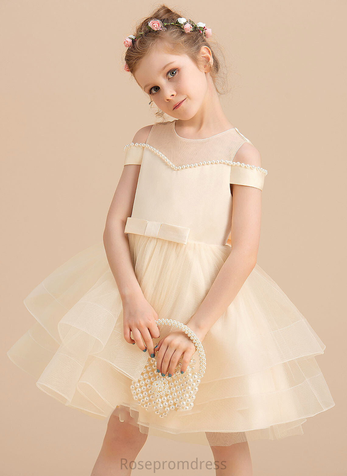 With Sleeveless Satin/Tulle Olive Dress Knee-length Flower Girl Dresses - Flower Beading/Bow(s) Girl Ball-Gown/Princess Neck Scoop