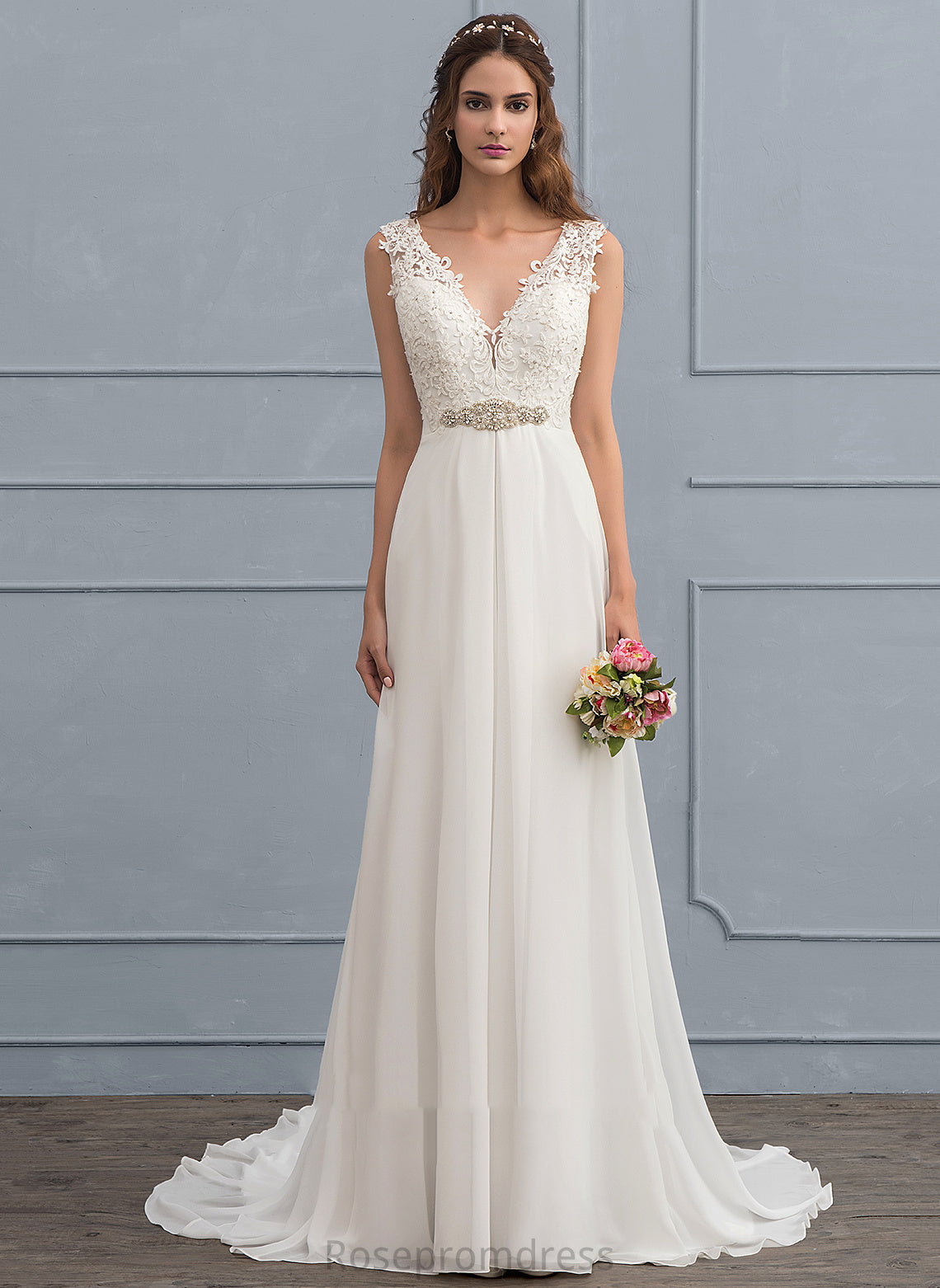 Chiffon Wedding Dresses Beading Court Train Sequins Dress A-Line Kaitlynn With Lace V-neck Wedding