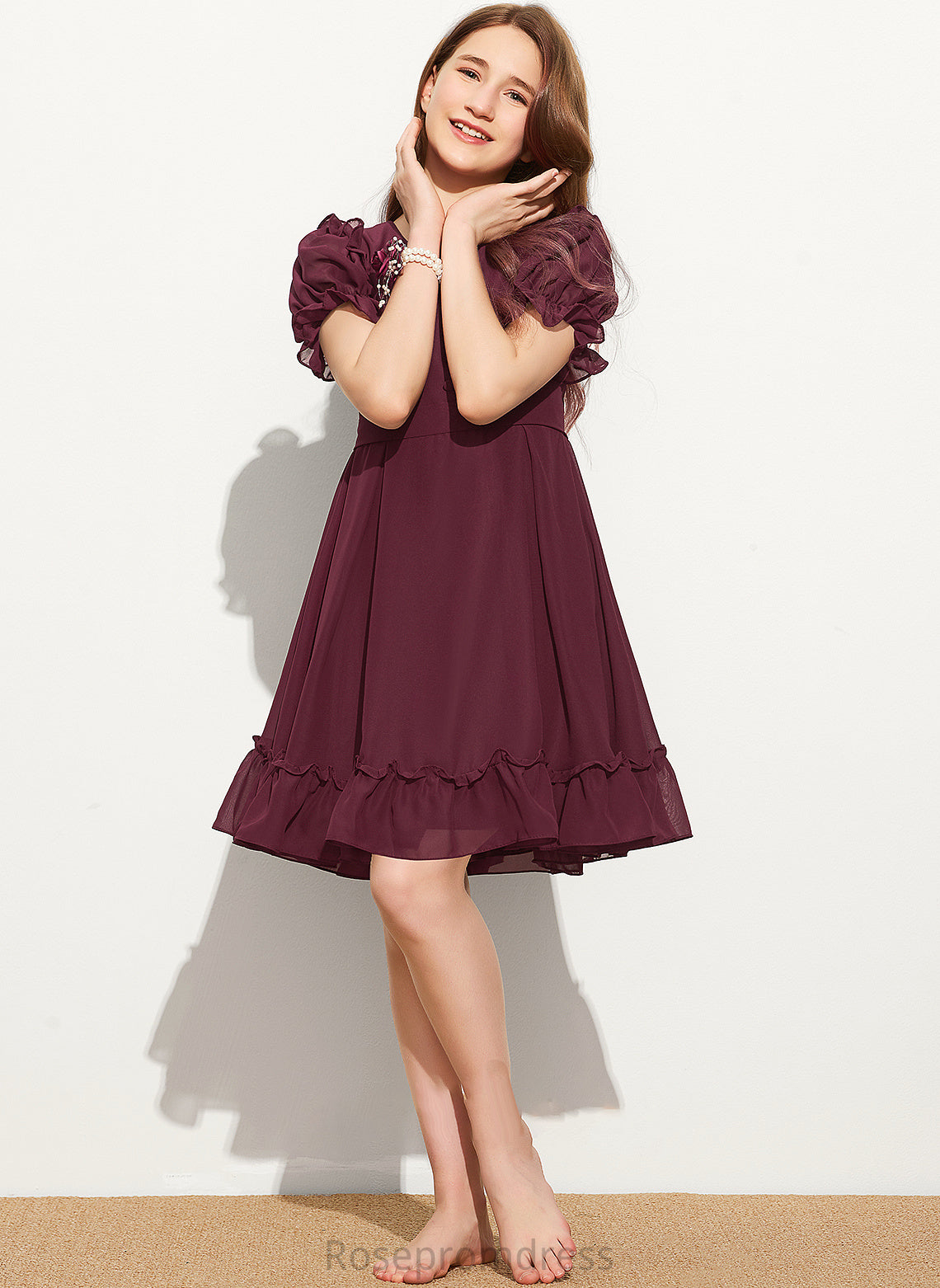 Neck With Scoop Bow(s) Cascading Ruffles Ava Knee-Length A-Line Junior Bridesmaid Dresses Chiffon