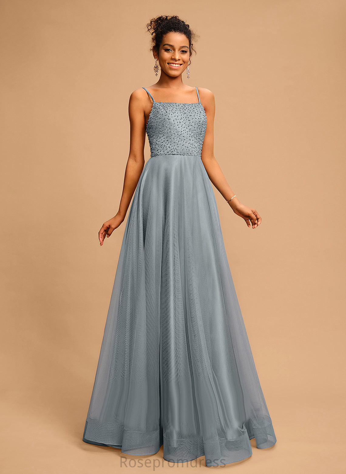 Ball-Gown/Princess Prom Dresses Square With Beading Barbara Tulle Sequins Floor-Length