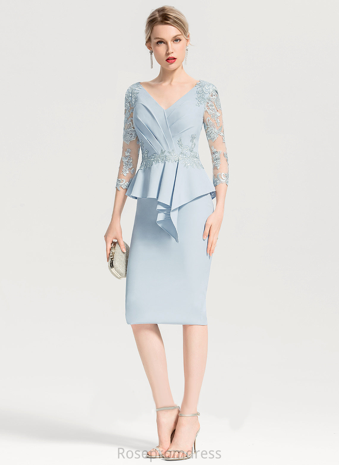 Stretch Kianna V-neck Cocktail Crepe Knee-Length Lace Lace Dress With Appliques Cocktail Dresses Cascading Sheath/Column Ruffles