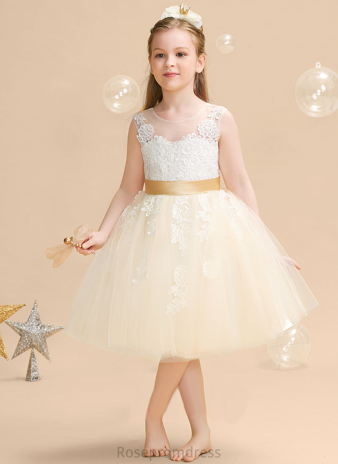 With Dress Girl Neck A-Line Appliques/V Lana Back Sleeveless Scoop Flower - Flower Girl Dresses Satin/Tulle/Lace Knee-length