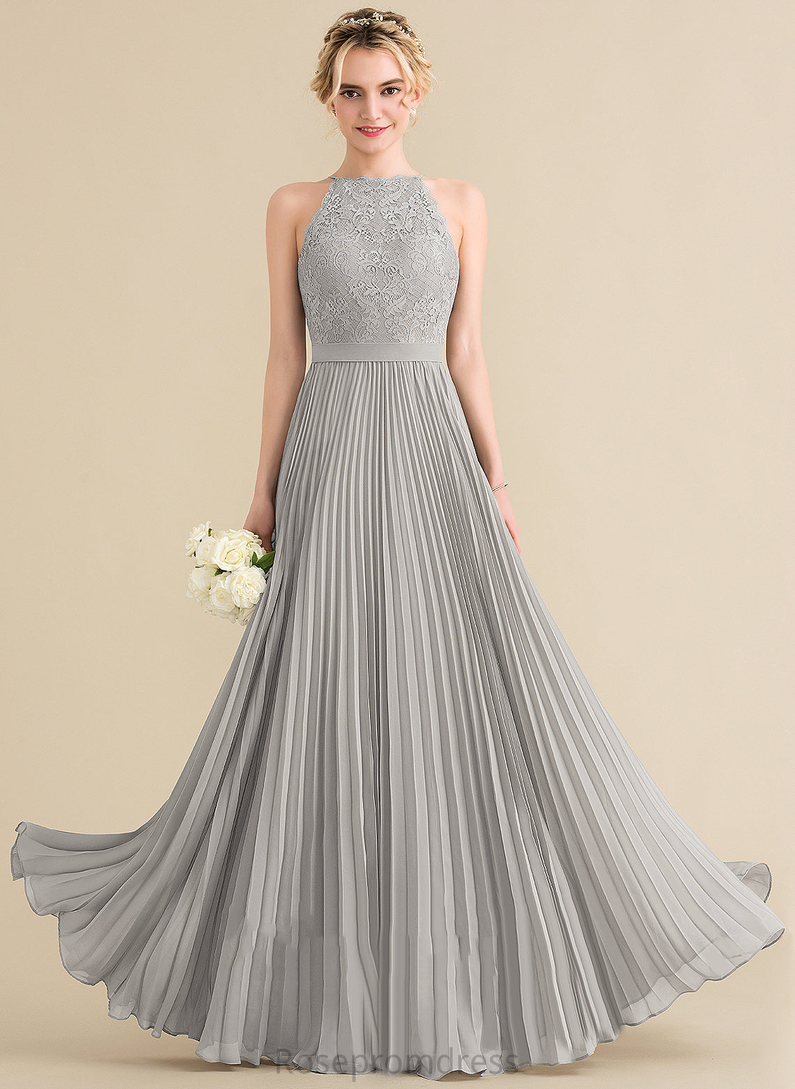 Phyllis Scoop With A-Line Chiffon Prom Dresses Pleated Floor-Length Lace