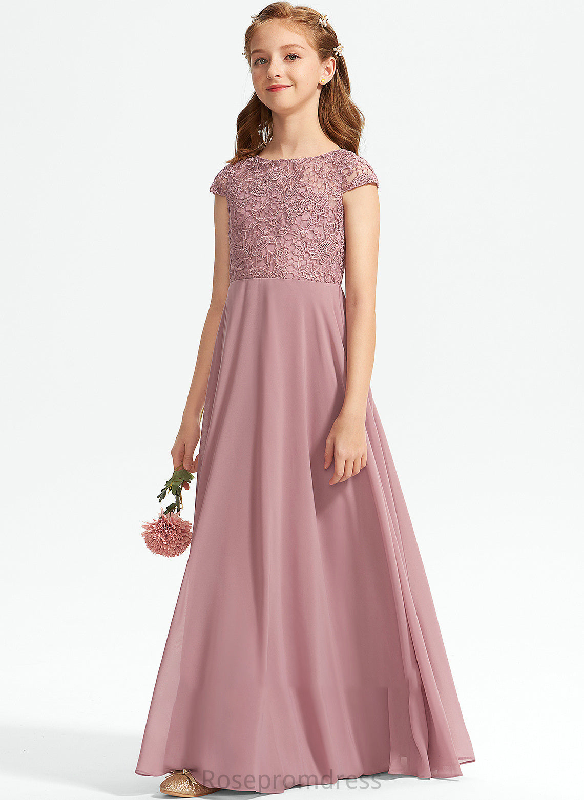 A-Line Chiffon Addyson Scoop Lace Neck Floor-Length Junior Bridesmaid Dresses