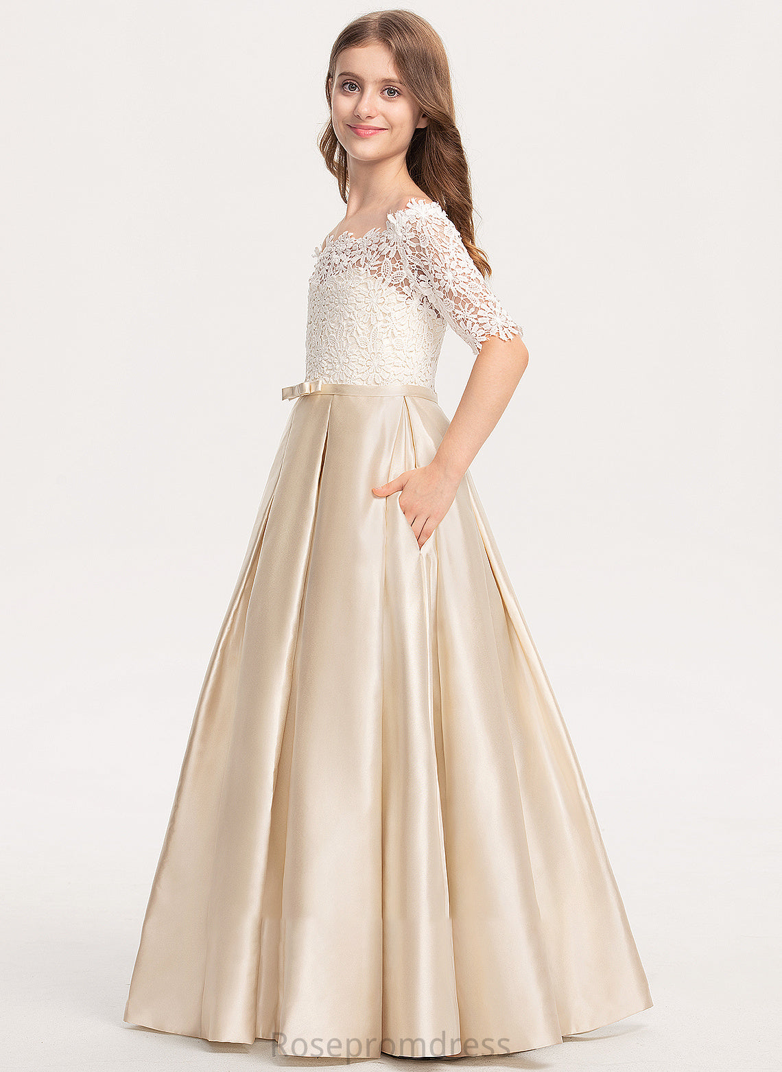 Bow(s) Satin Off-the-Shoulder Ball-Gown/Princess Lace Junior Bridesmaid Dresses Floor-Length Imani With Pockets