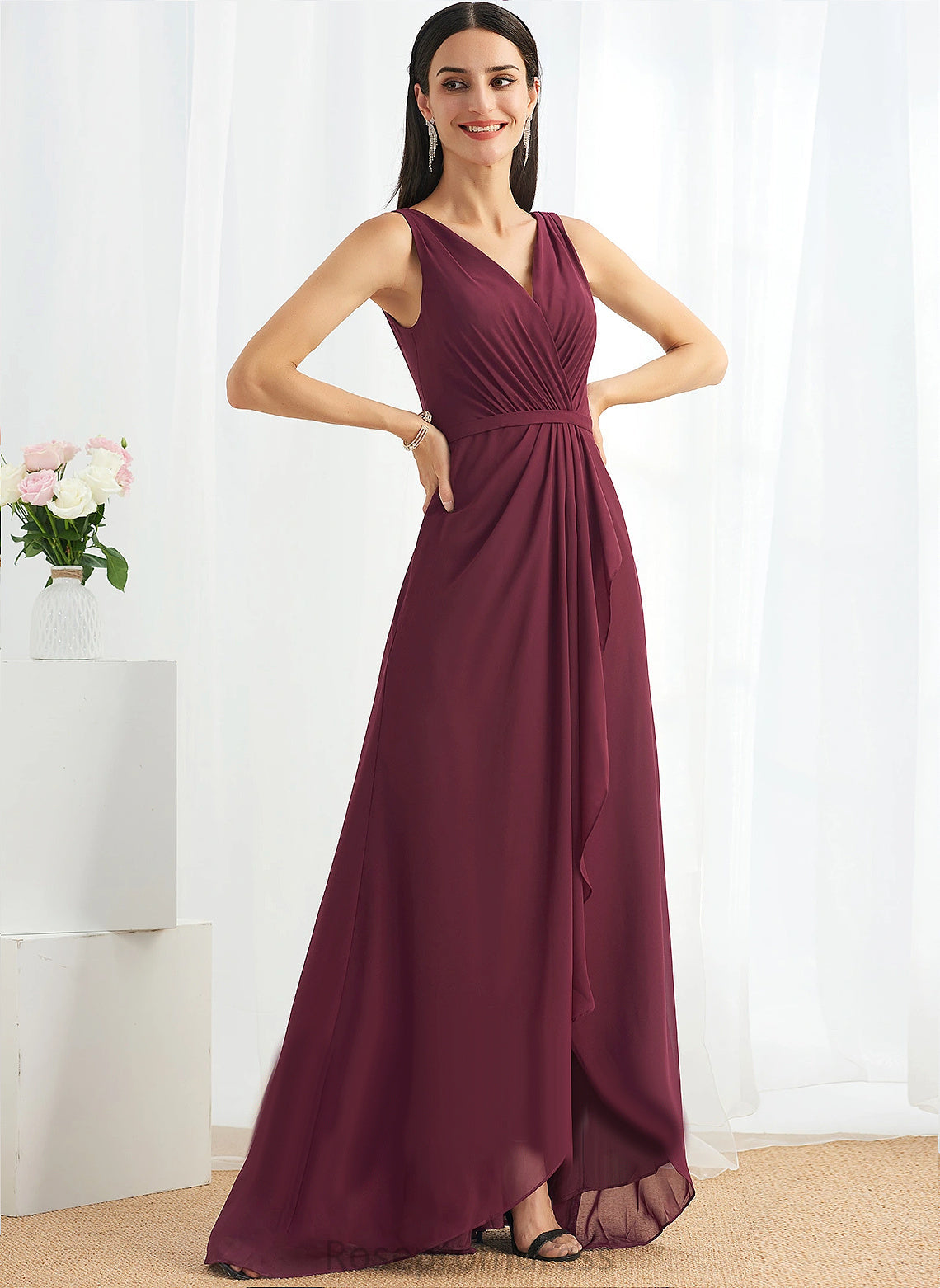 V-Neck A-line Neckline Silhouette Length Asymmetrical Fabric Straps&Sleeves Charlize Sleeveless Floor Length A-Line/Princess Bridesmaid Dresses