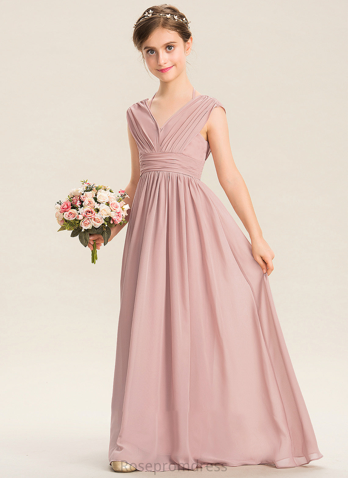 With Junior Bridesmaid Dresses Marisa Bow(s) V-neck Ruffle Chiffon A-Line Floor-Length