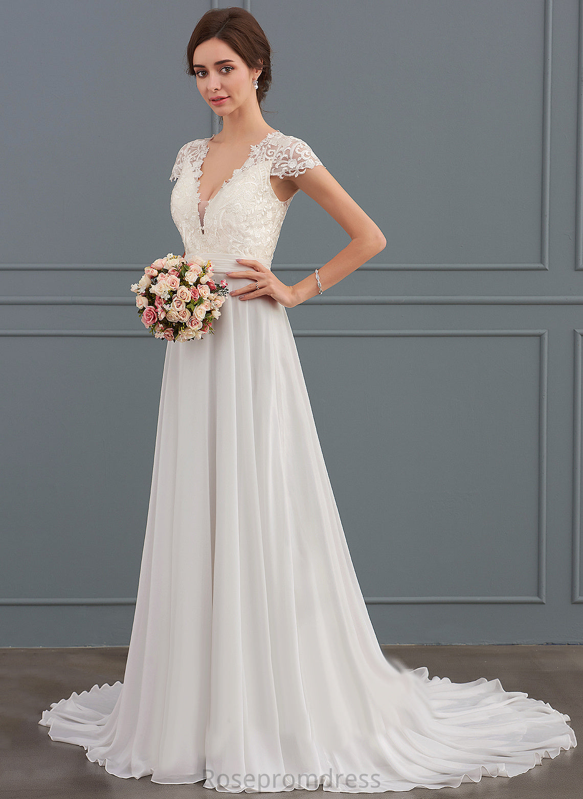 With Chiffon V-neck Lace Sweep Dress Izabelle Train A-Line Ruffle Wedding Dresses Wedding