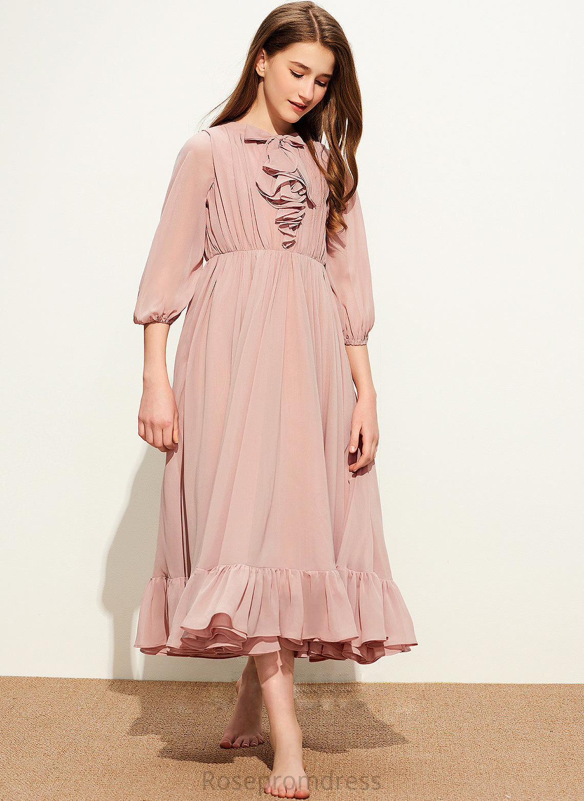 Tea-Length With Cascading Brenna Bow(s) Neck Junior Bridesmaid Dresses A-Line Chiffon Scoop Ruffles