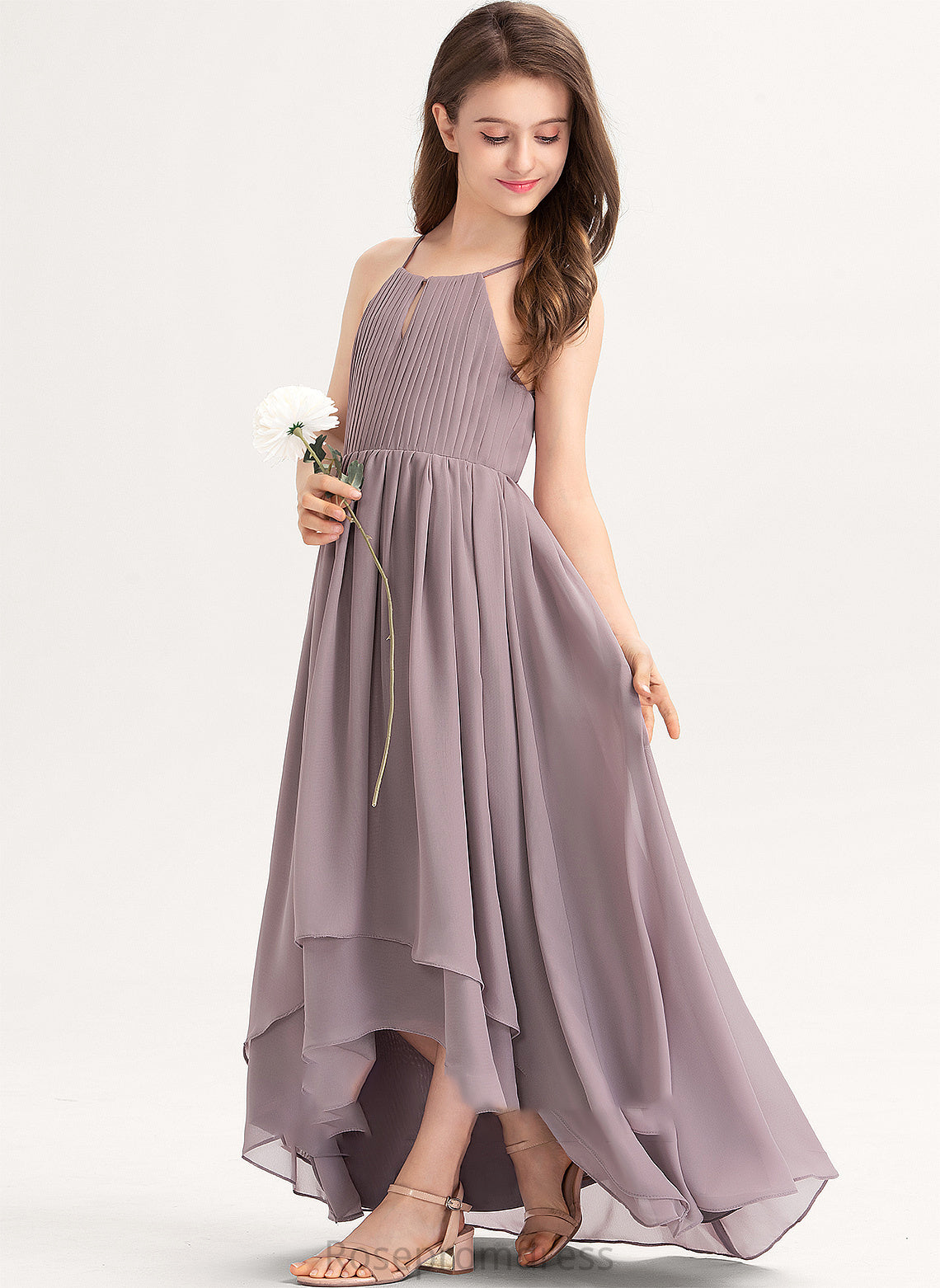 A-Line Ruffle Bow(s) Kiley Neck Junior Bridesmaid Dresses With Asymmetrical Chiffon Scoop