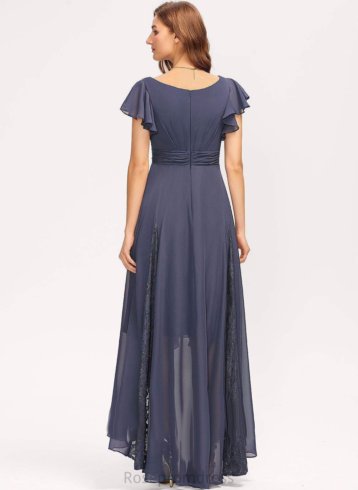 Embellishment Silhouette Fabric A-Line Asymmetrical Neckline V-neck Ruffle Length Gina Bridesmaid Dresses