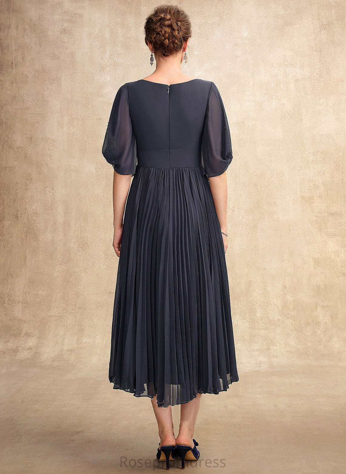 With of A-Line Mother of the Bride Dresses the V-neck Bride Chiffon Pleated Adelyn Tea-Length Dress Mother