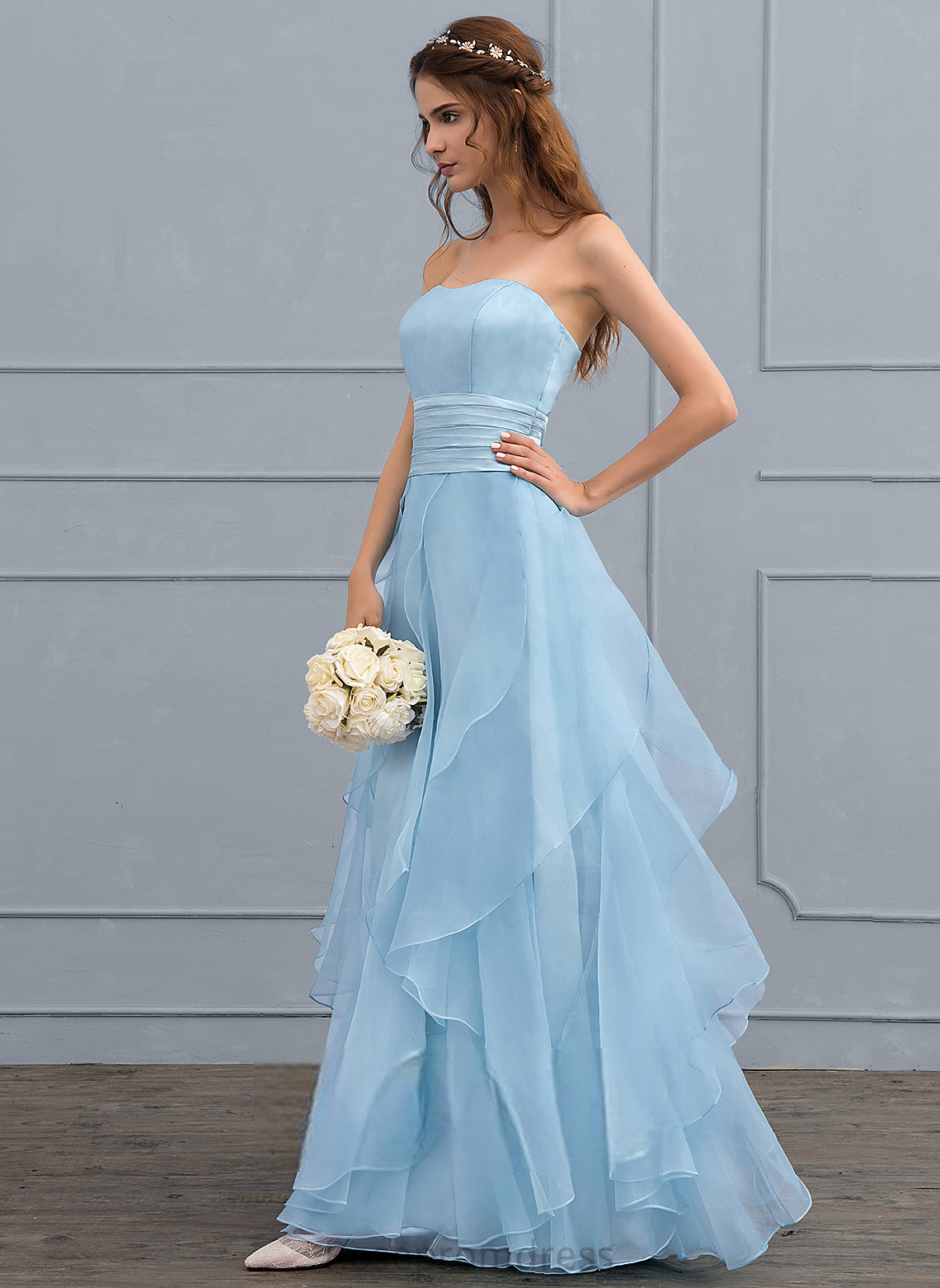 Charmeuse With Floor-Length Organza Cascading Sweetheart Wedding Wedding Dresses Ruffles Marcie A-Line Dress