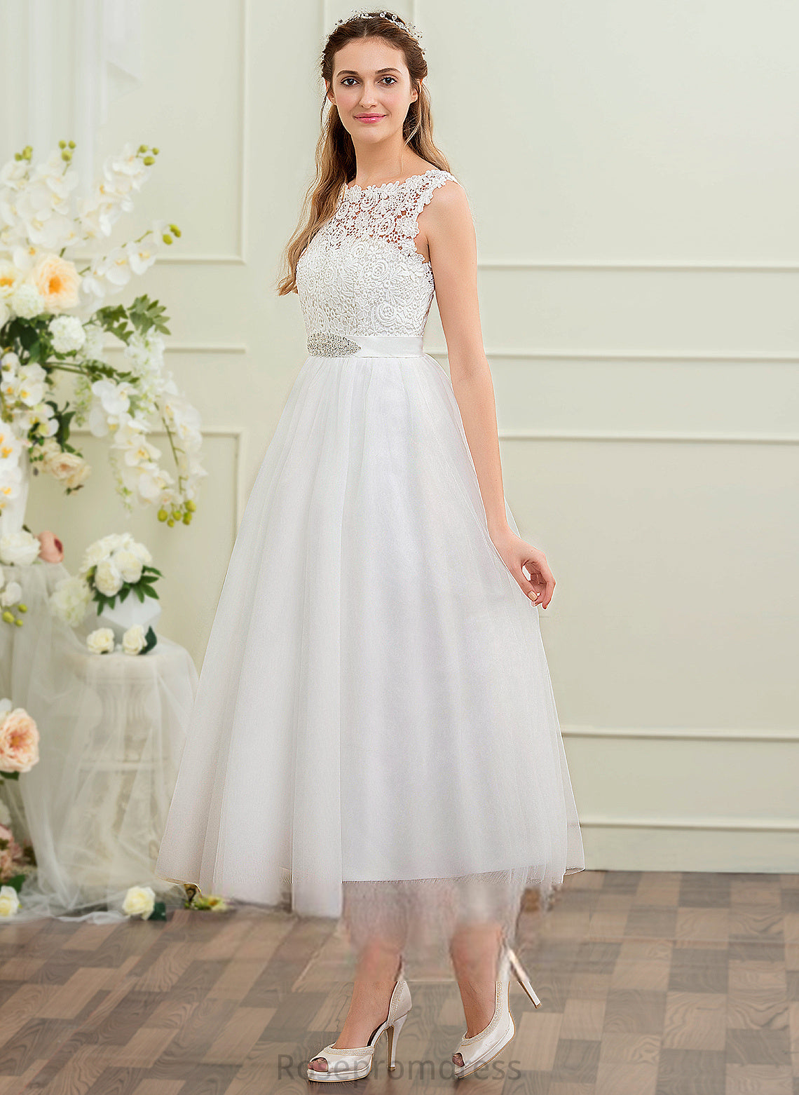 Tea-Length Scoop Wedding Dresses With Ball-Gown/Princess Neck Sequins Dress Lace Beading Satin Avery Tulle Wedding